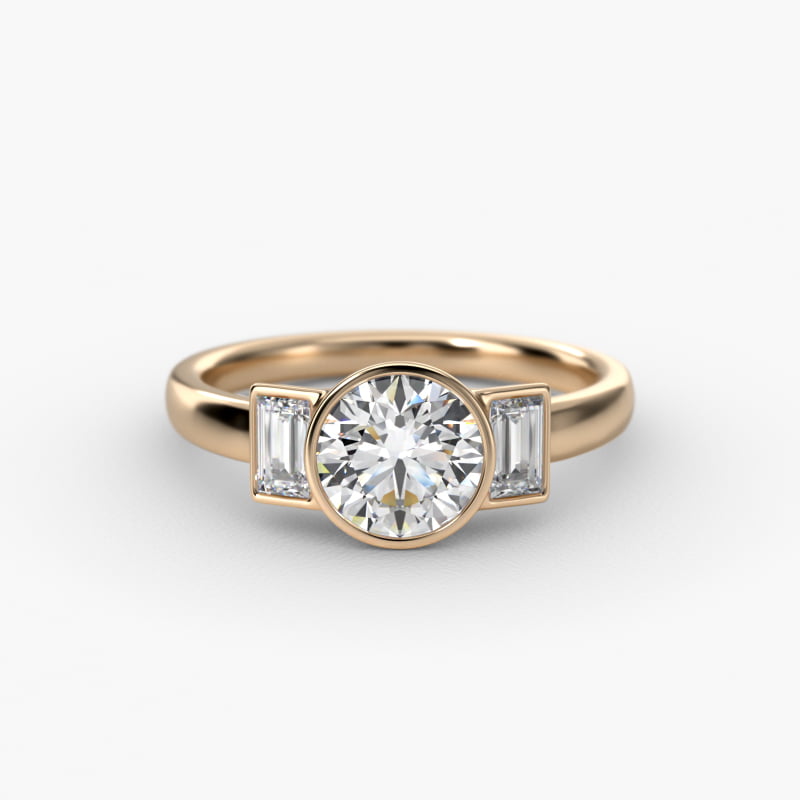 Bezel Straight Baguette Cut Diamond Three Stone Engagement Ring In 14K Yellow Gold