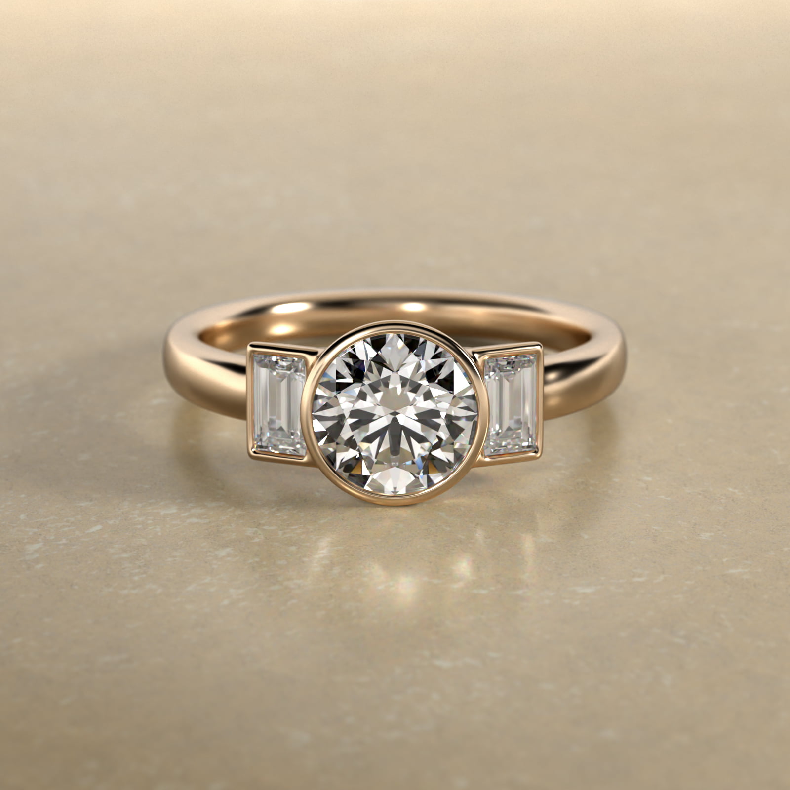 Bezel Straight Baguette Cut Diamond Three Stone Engagement Ring In 18K Yellow Gold