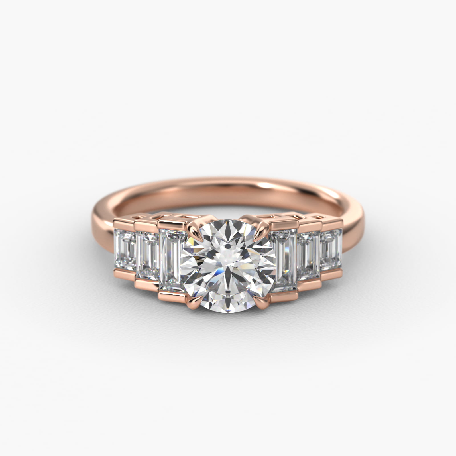 Escalating Baguette Side Stone Diamond Engagement Ring In 14K Rose Gold