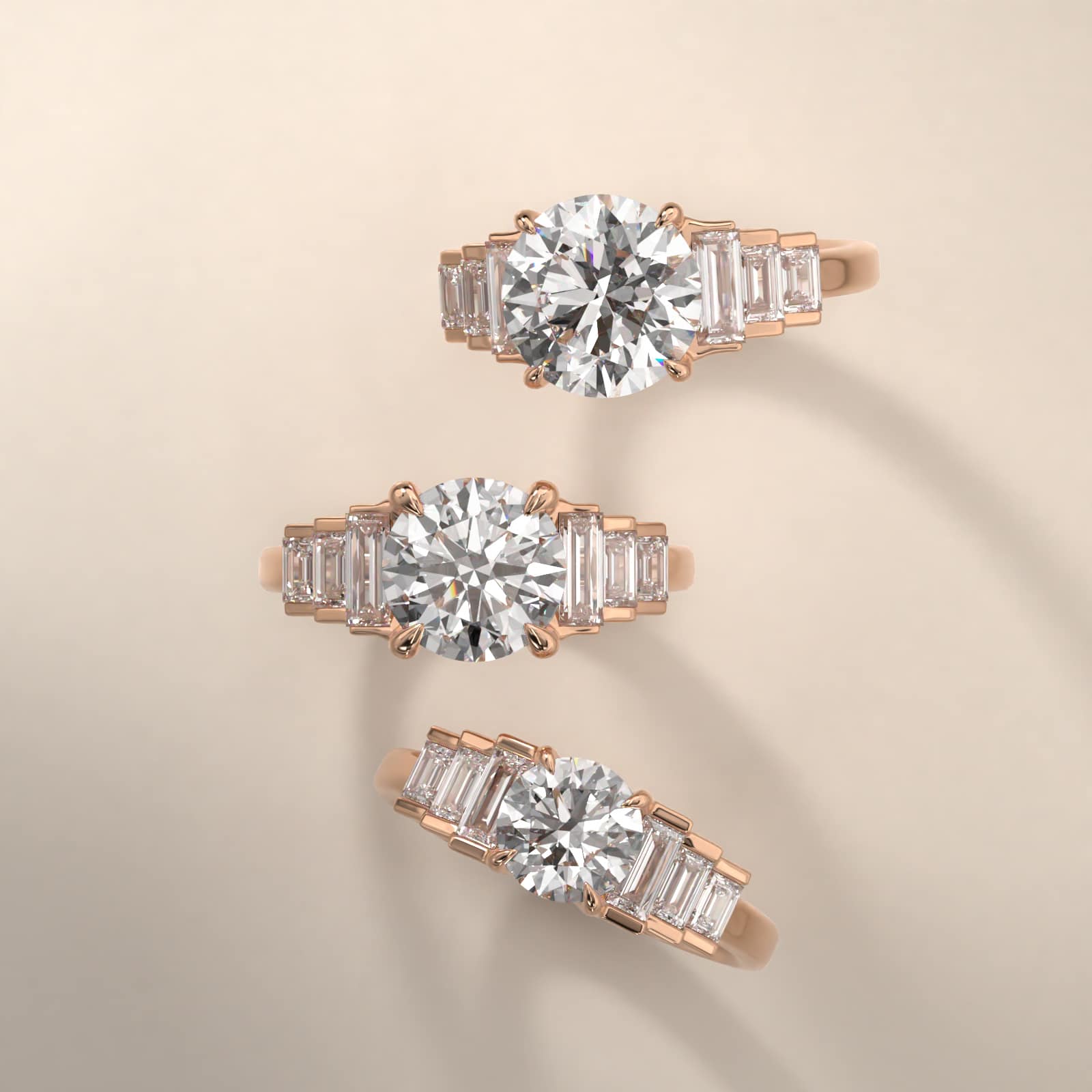 Escalating Baguette Side Stone Diamond Engagement Ring In 14K Rose Gold