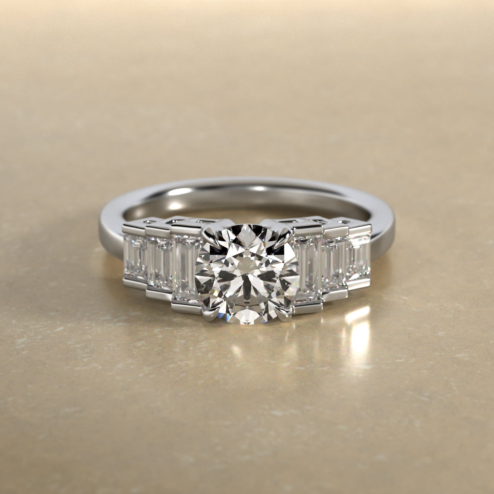 Escalating Baguette Side Stone Diamond Engagement Ring In 14K White Gold