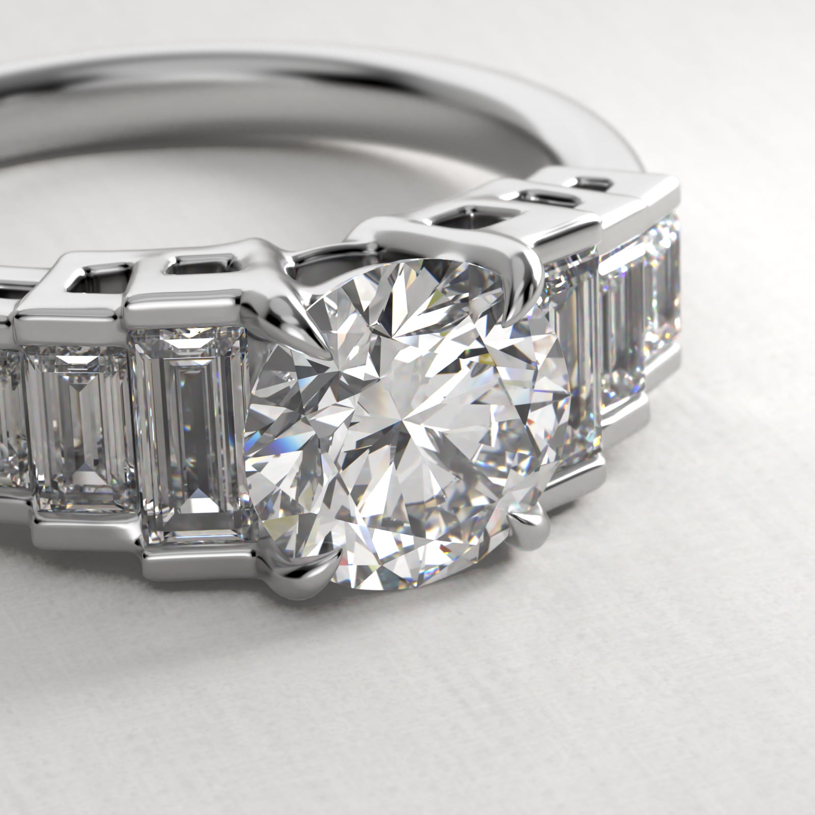 Escalating Baguette Side Stone Diamond Engagement Ring In Platinum