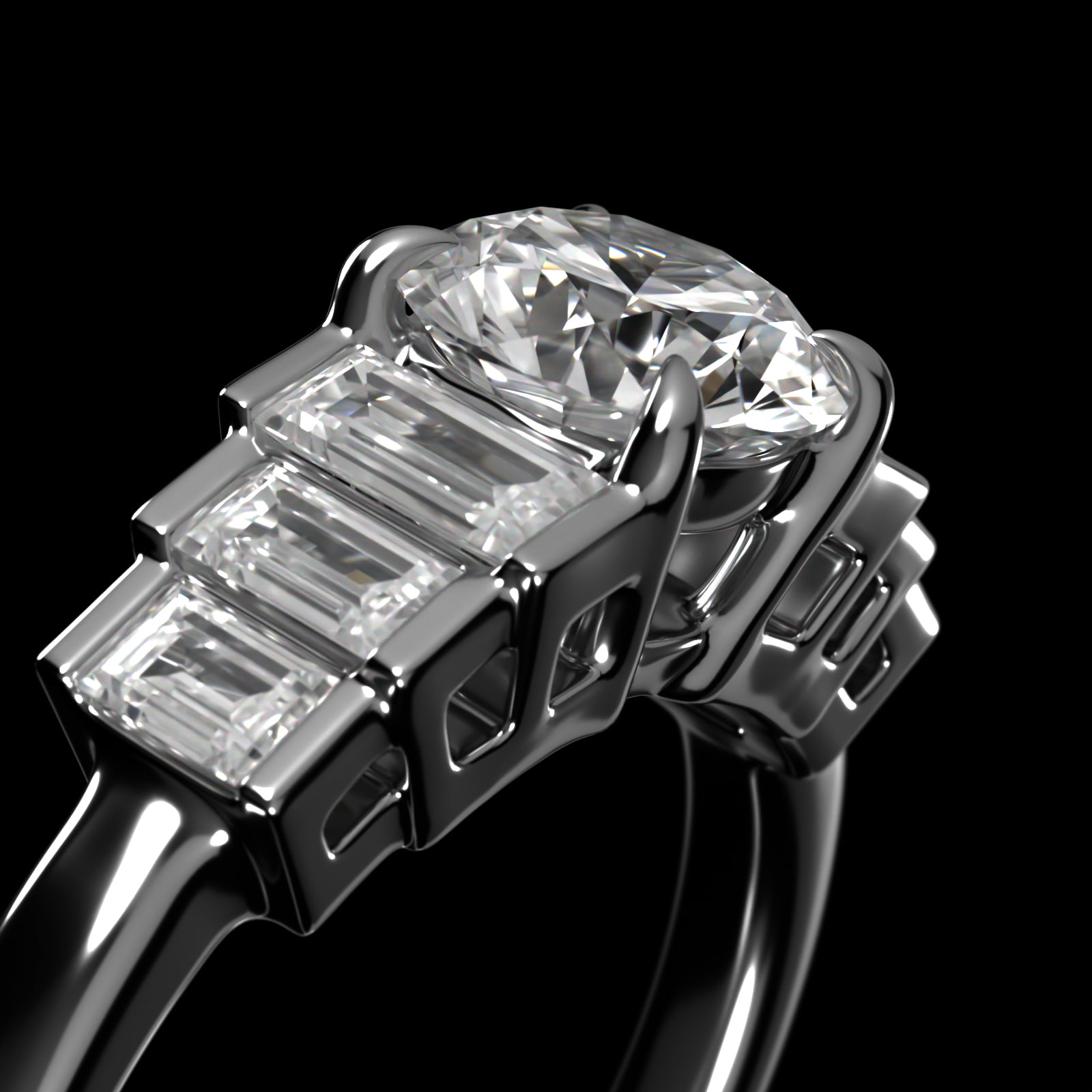 Escalating Baguette Side Stone Diamond Engagement Ring In 14K White Gold