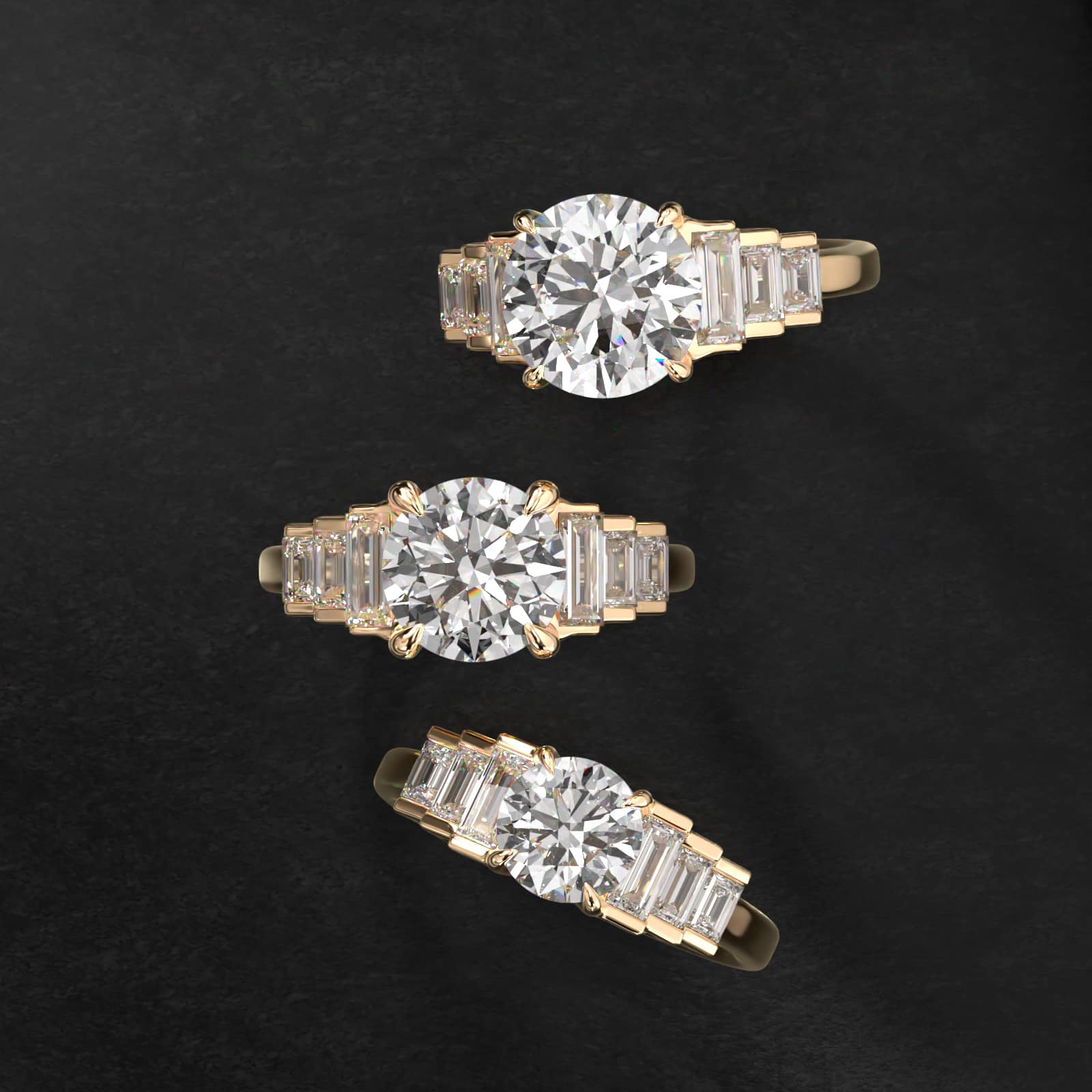 Escalating Baguette Side Stone Diamond Engagement Ring In 14K Yellow Gold