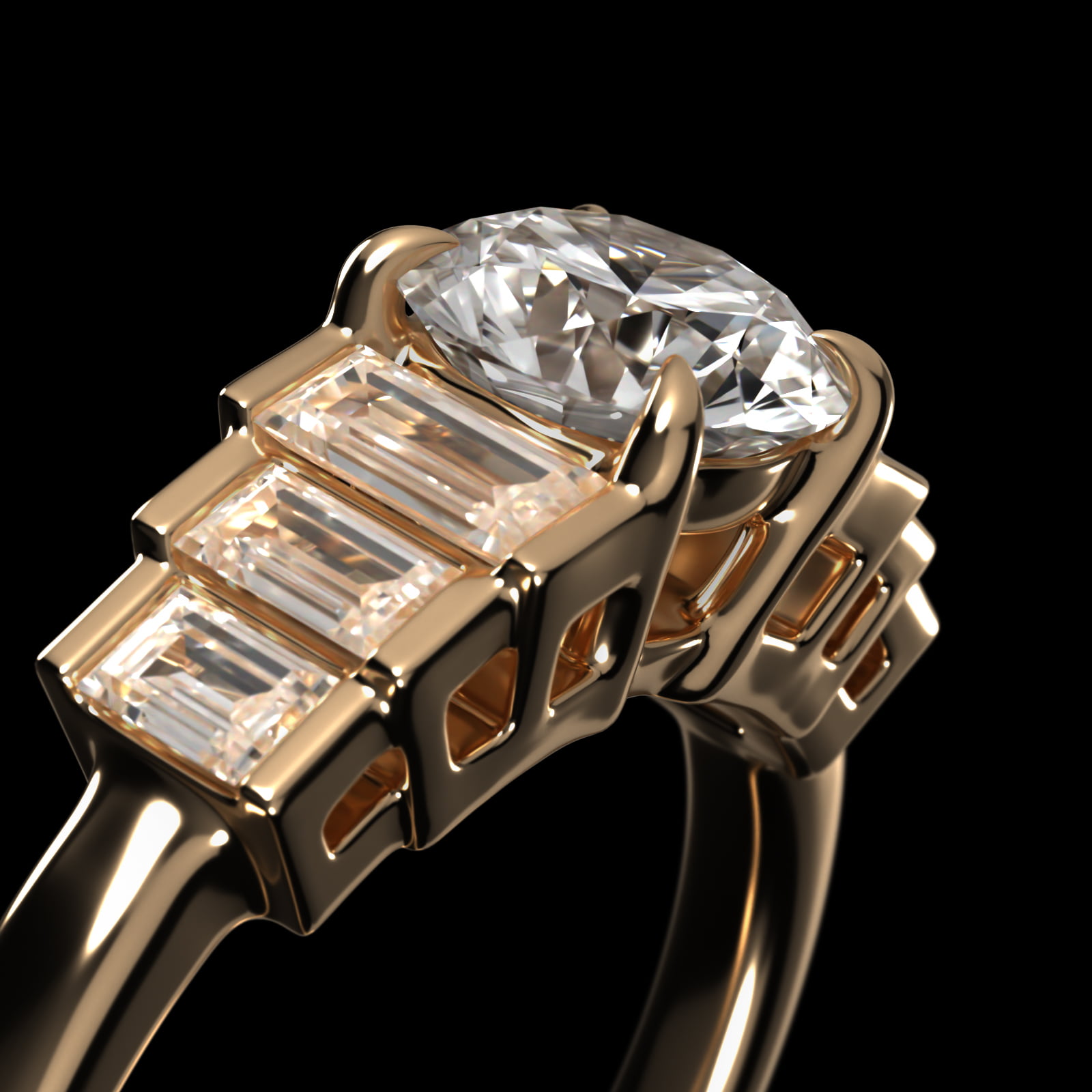 Escalating Baguette Side Stone Diamond Engagement Ring In 14K Yellow Gold
