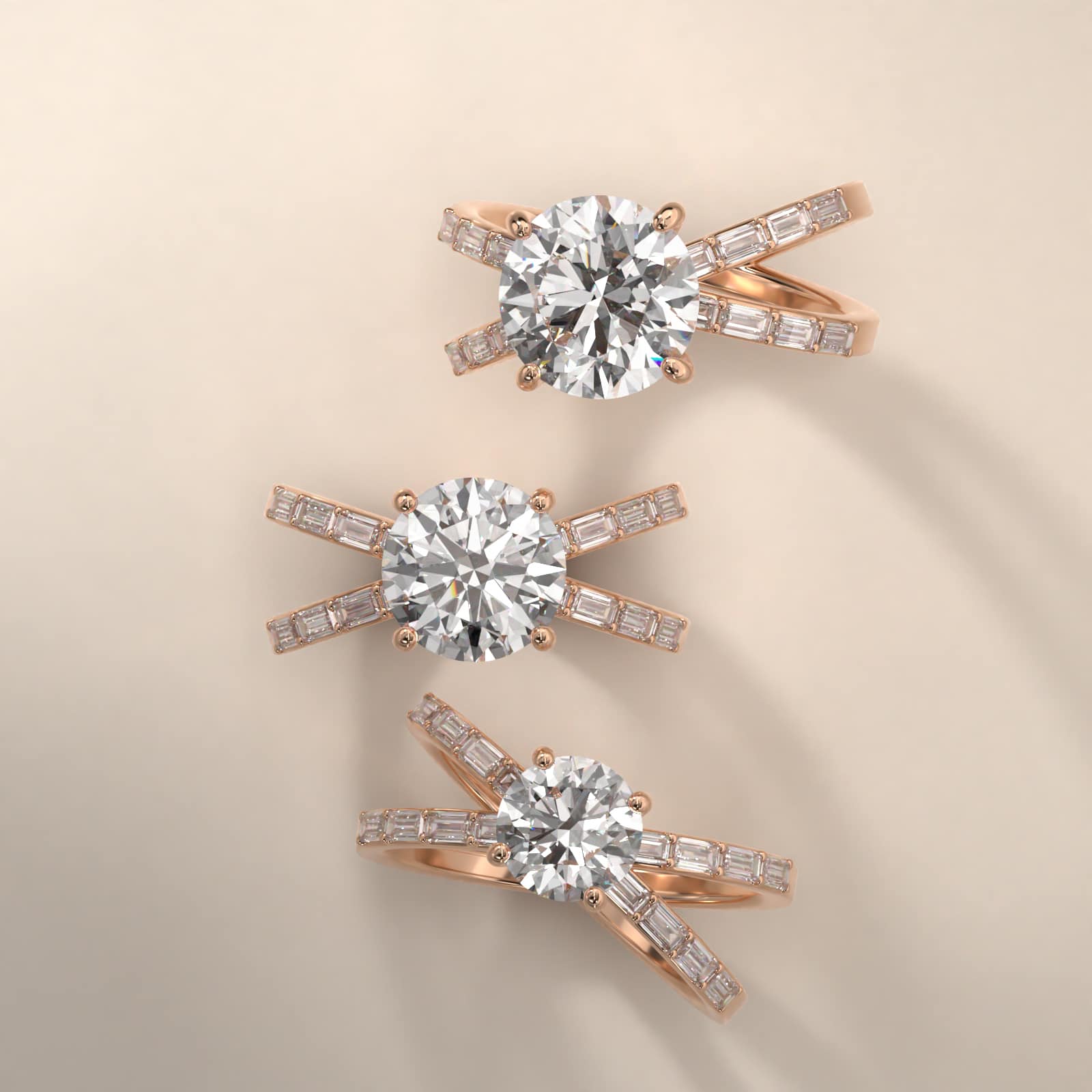 Criss-Cross Baguette Side Stone Diamond Engagement Ring In 14K Rose Gold