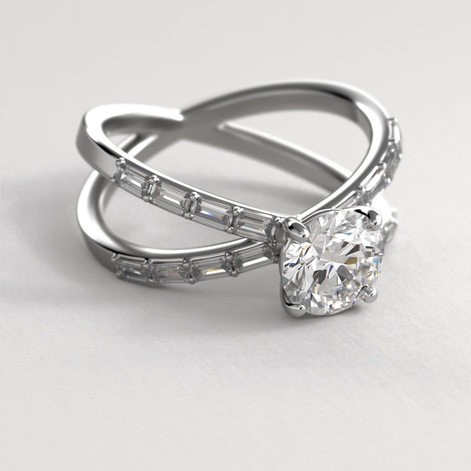 Criss-Cross Baguette Side Stone Diamond Engagement Ring In 18K White Gold