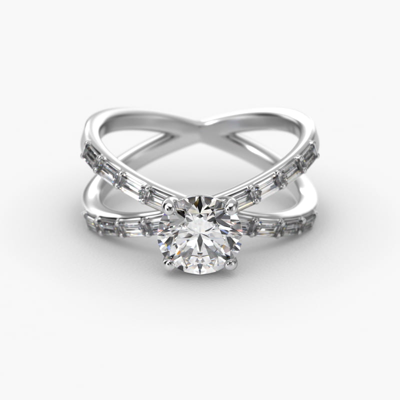 Criss-Cross Baguette Side Stone Diamond Engagement Ring In 14K White Gold