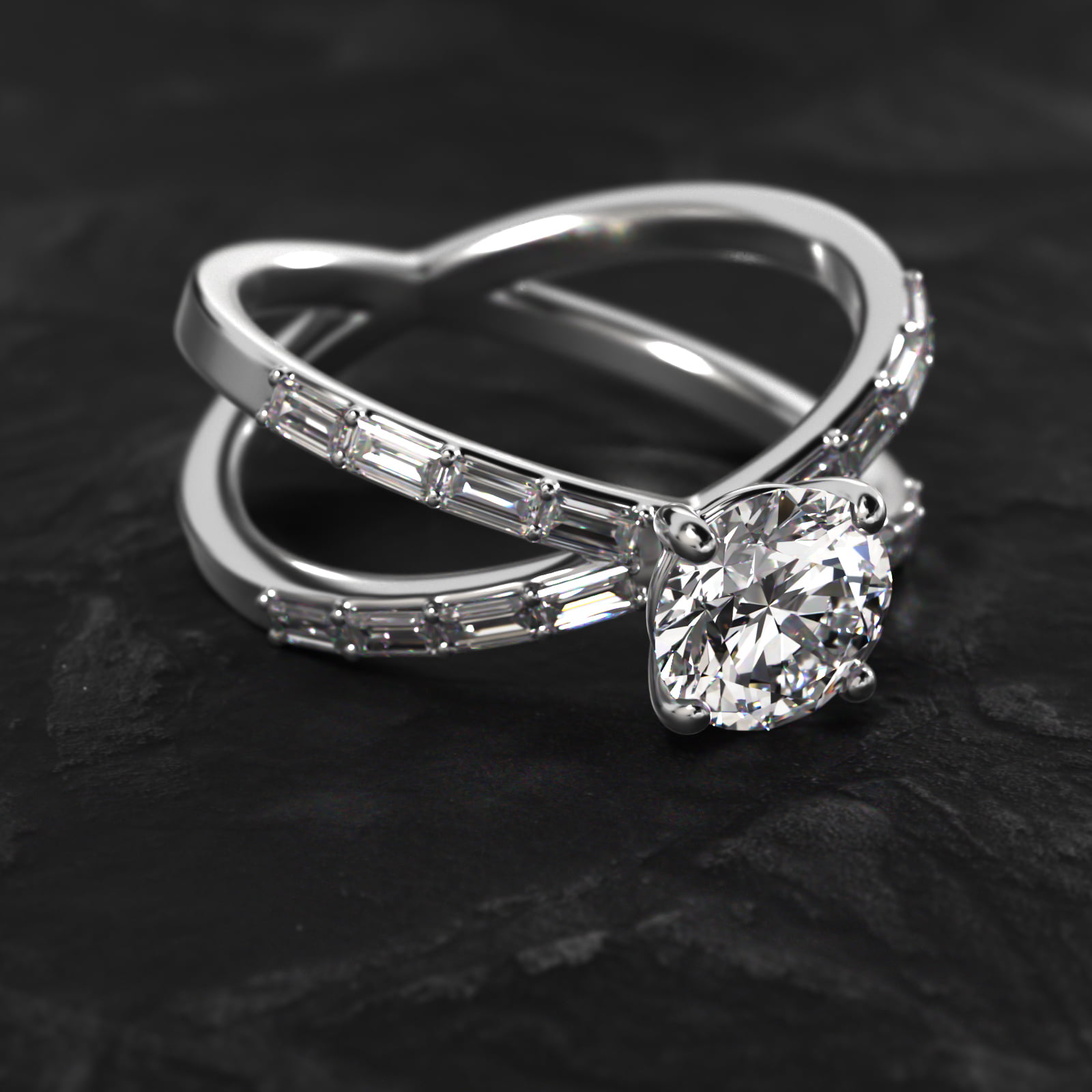 Criss-Cross Baguette Side Stone Diamond Engagement Ring In 14K White Gold