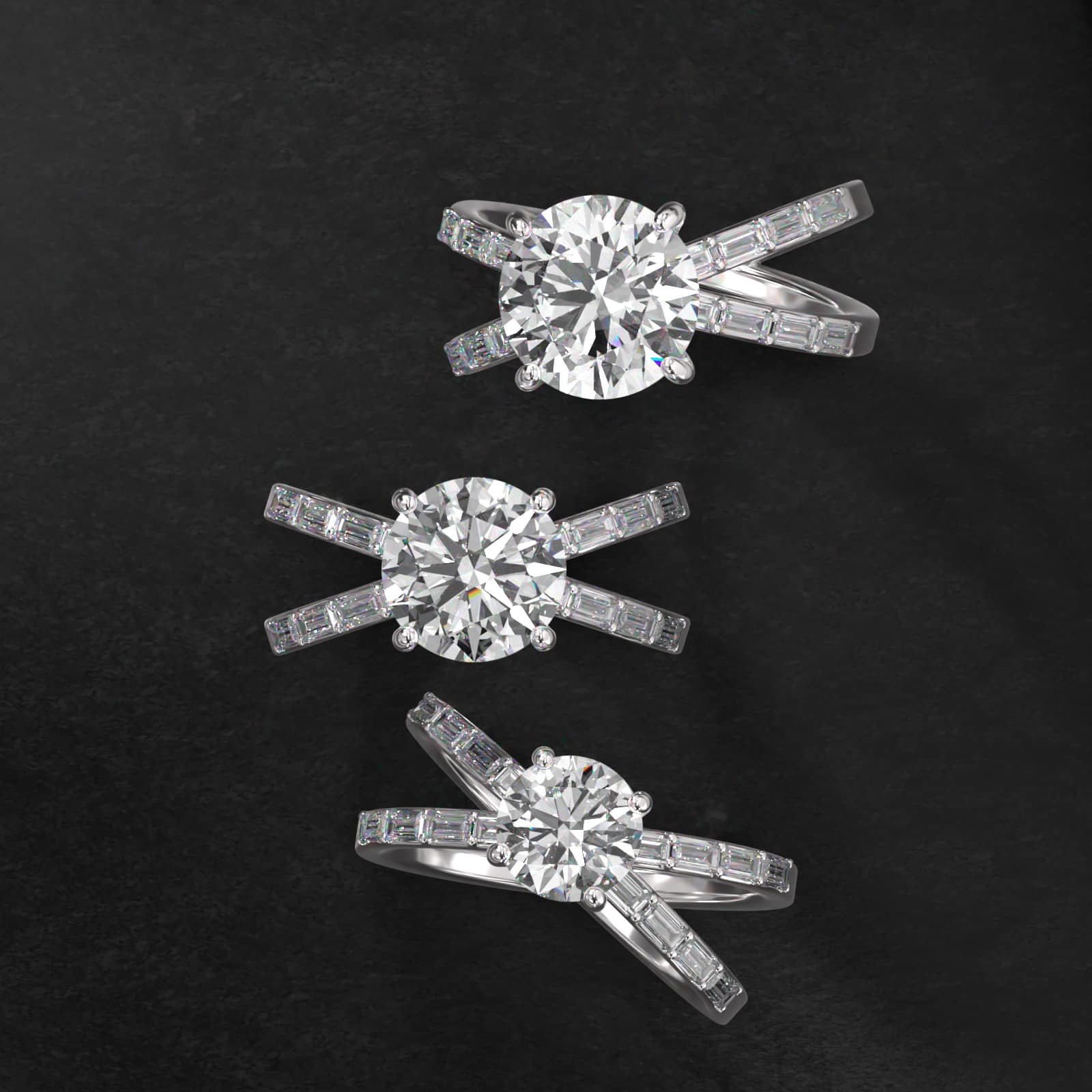 Criss-Cross Baguette Side Stone Diamond Engagement Ring In 18K White Gold