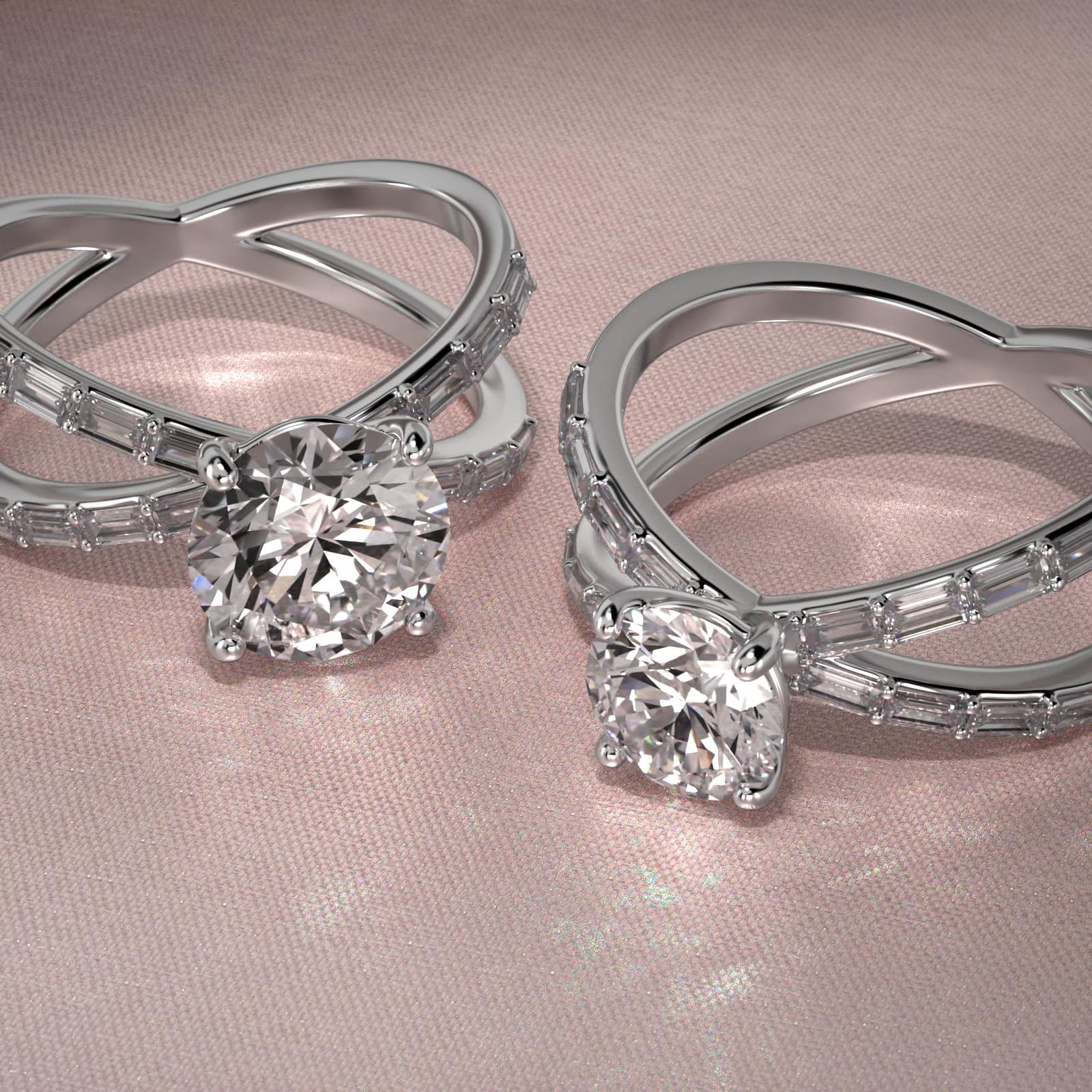 Criss-Cross Baguette Side Stone Diamond Engagement Ring In 14K White Gold