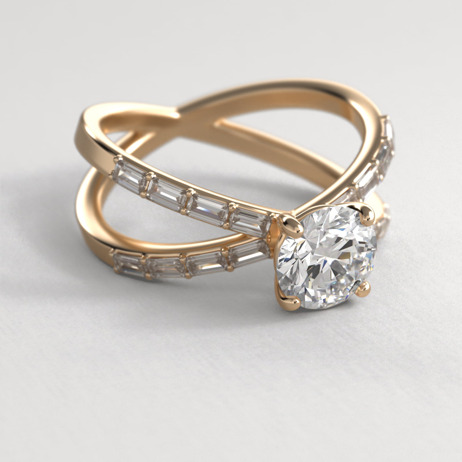 Criss-Cross Baguette Side Stone Diamond Engagement Ring In 18K Yellow Gold