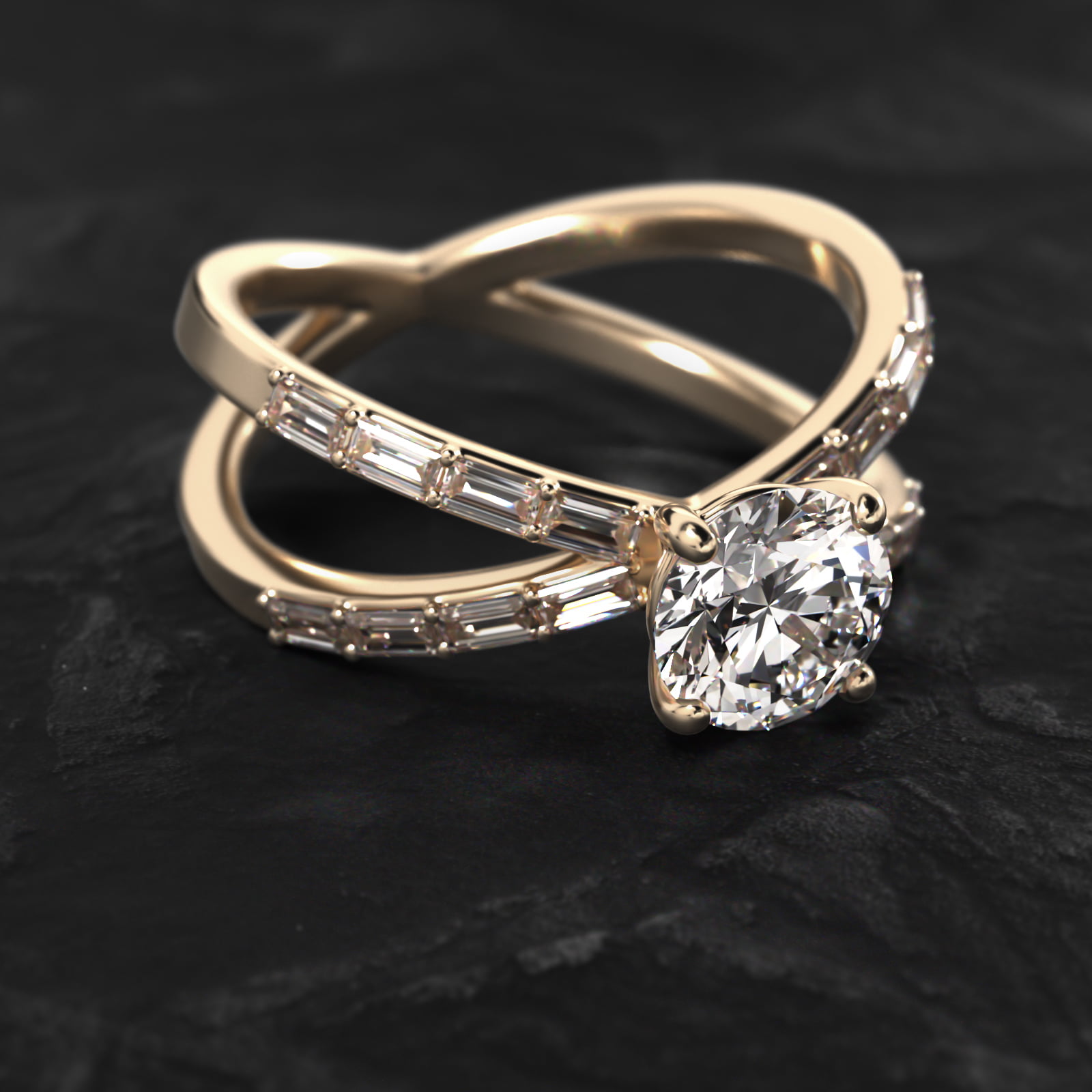 Criss-Cross Baguette Side Stone Diamond Engagement Ring In 14K Yellow Gold
