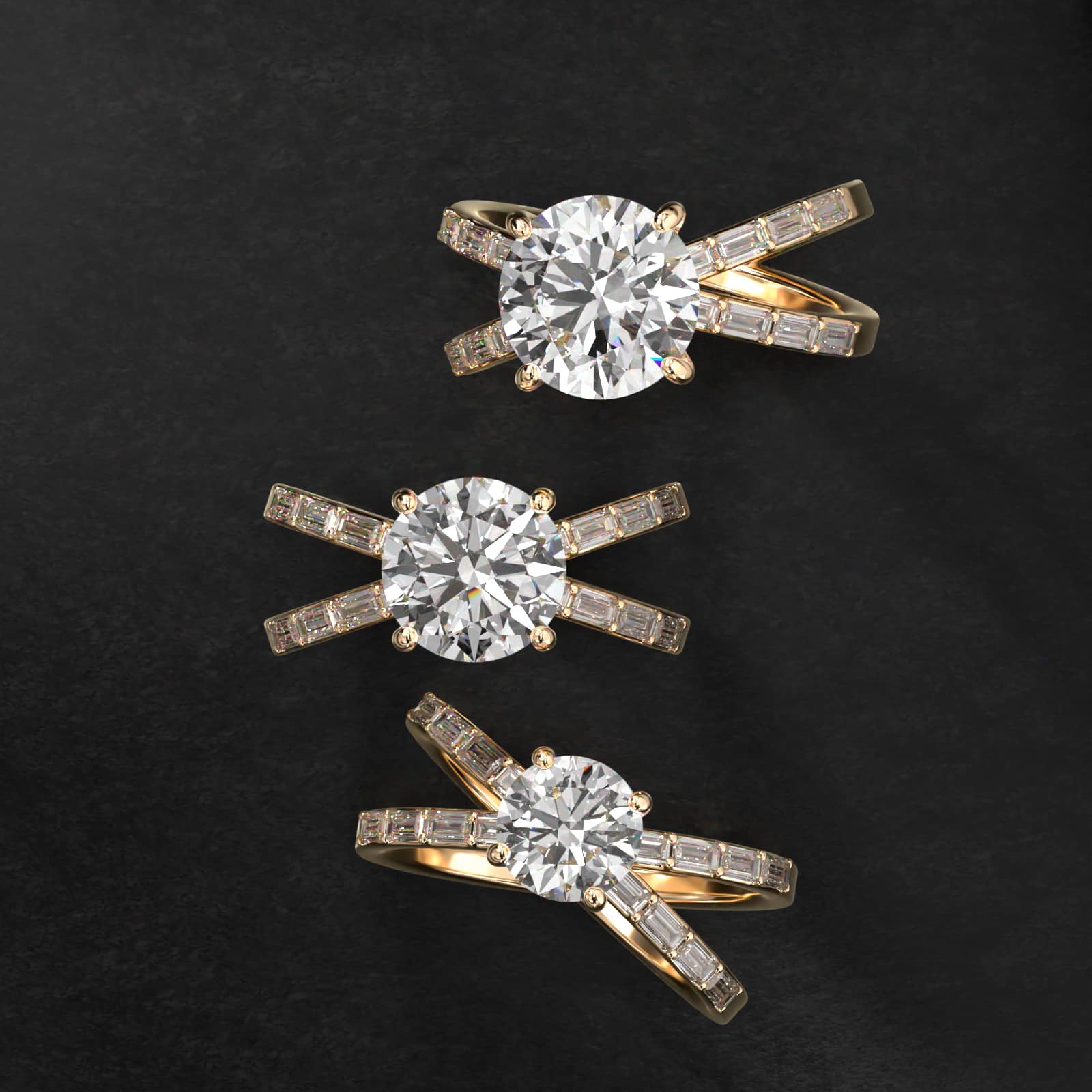 Criss-Cross Baguette Side Stone Diamond Engagement Ring In 18K Yellow Gold