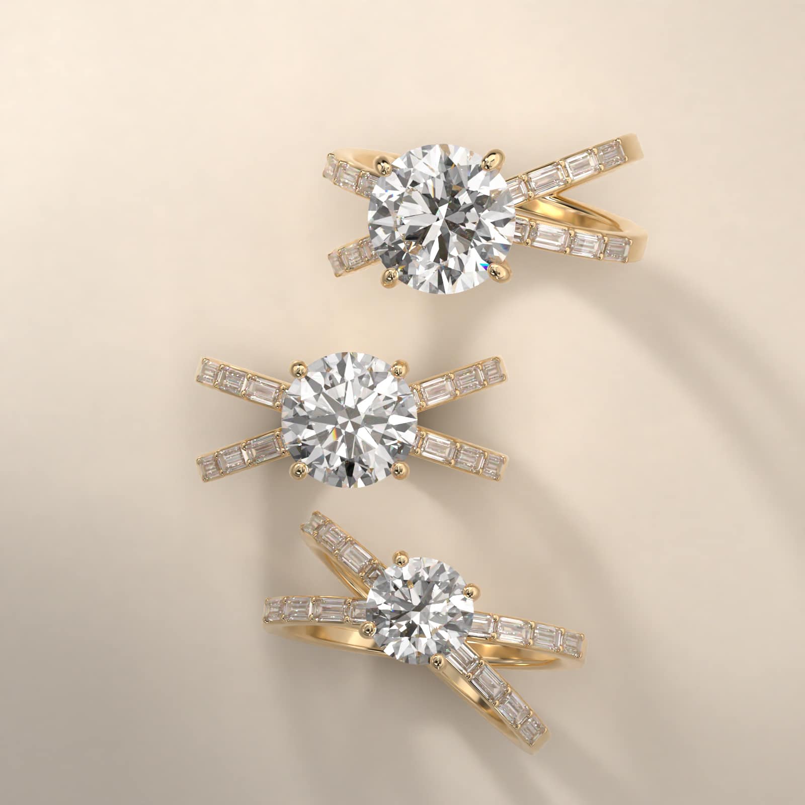 Criss-Cross Baguette Side Stone Diamond Engagement Ring In 14K Yellow Gold