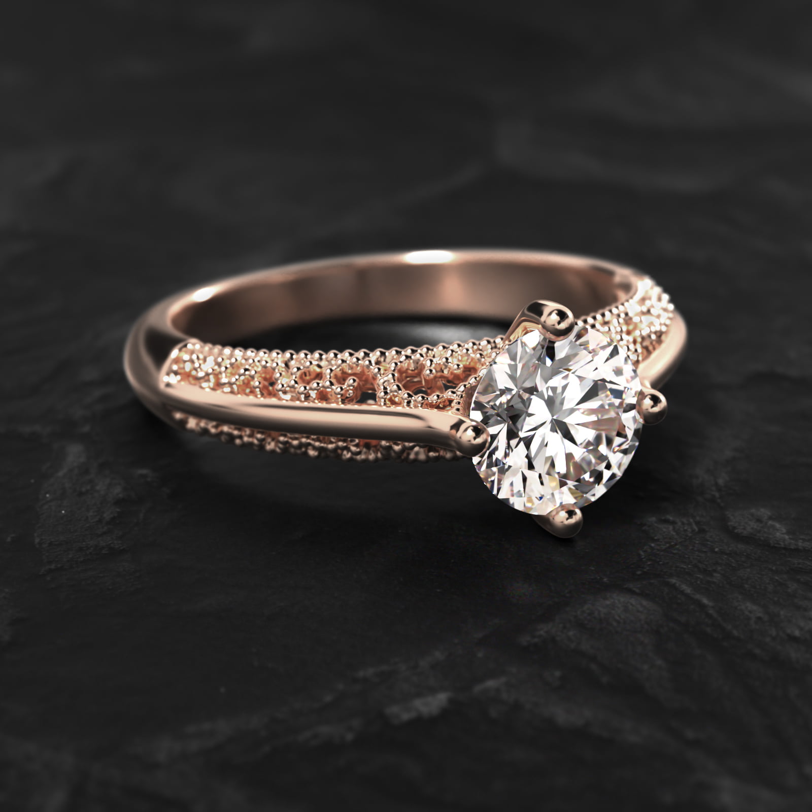 Beaded Filigree Cathedral Kite-Set Vintage-Style Engagement Ring In 14K Rose Gold