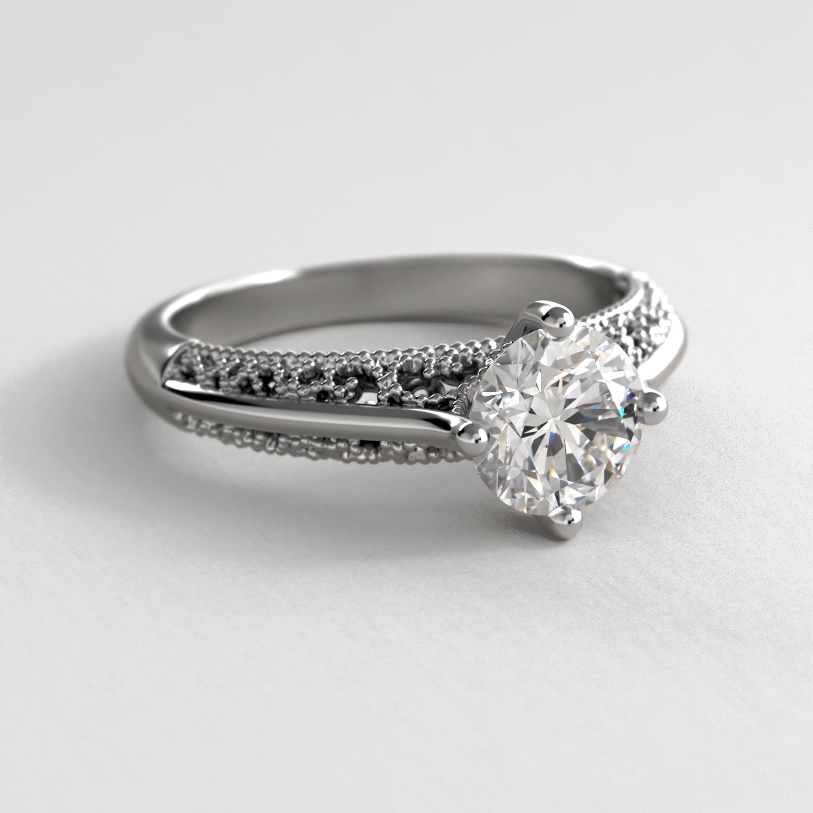 Beaded Filigree Cathedral Kite-Set Vintage-Style Engagement Ring In 18K White Gold