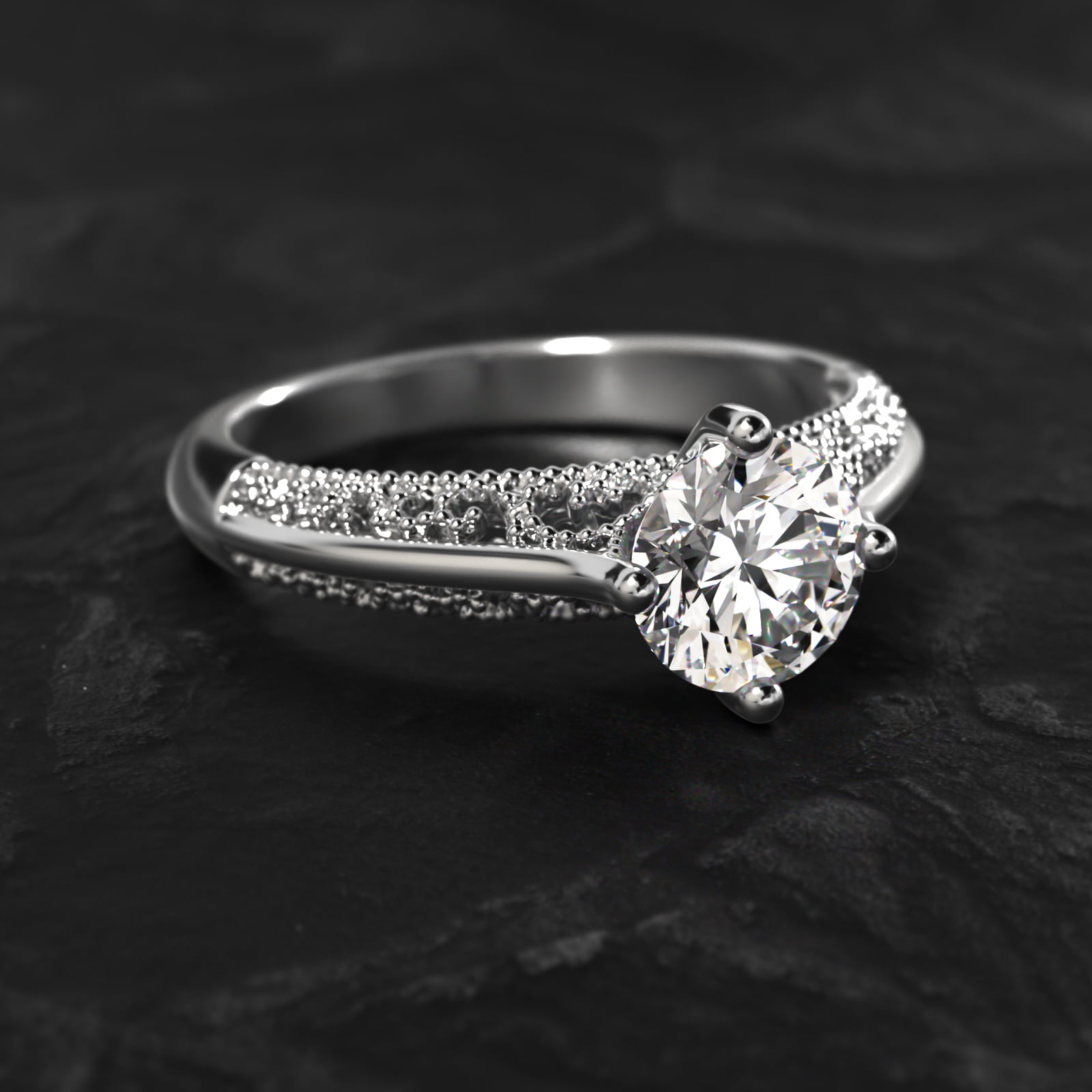 Beaded Filigree Cathedral Kite-Set Vintage-Style Engagement Ring In 14K White Gold