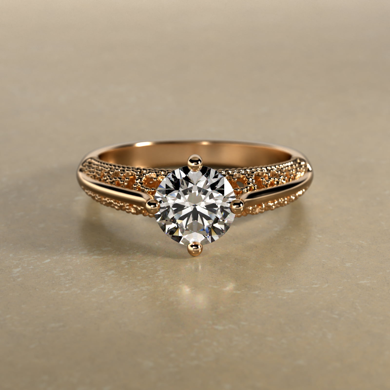 Beaded Filigree Cathedral Kite-Set Vintage-Style Engagement Ring In 14K Yellow Gold