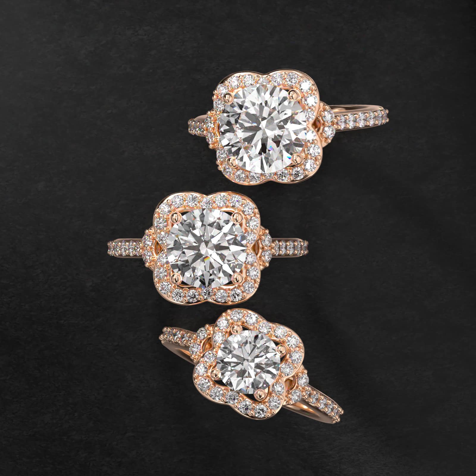 Pavé Clover Vintage-Style Engagement Ring In 14K Rose Gold