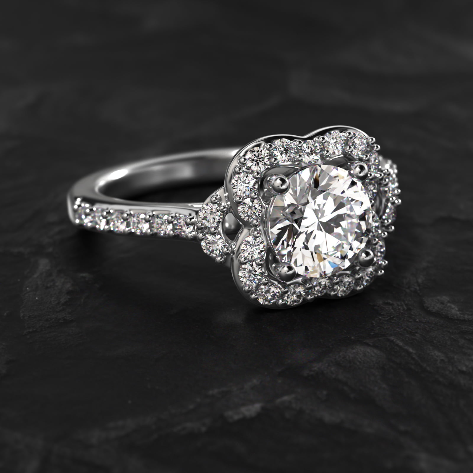 Pavé Clover Vintage-Style Engagement Ring In 18K White Gold