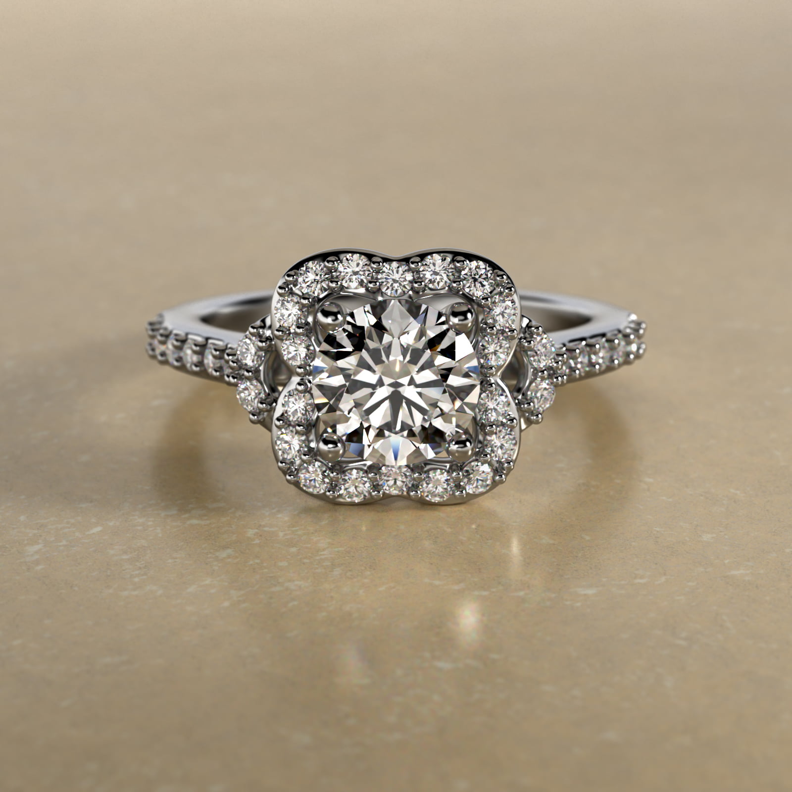 Pavé Clover Vintage-Style Engagement Ring In 14K White Gold