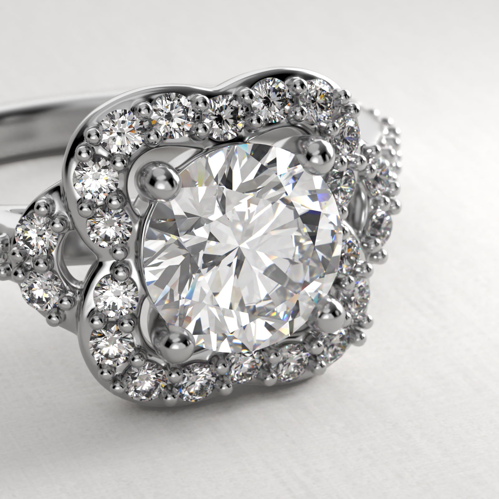 Pavé Clover Vintage-Style Engagement Ring In 18K White Gold