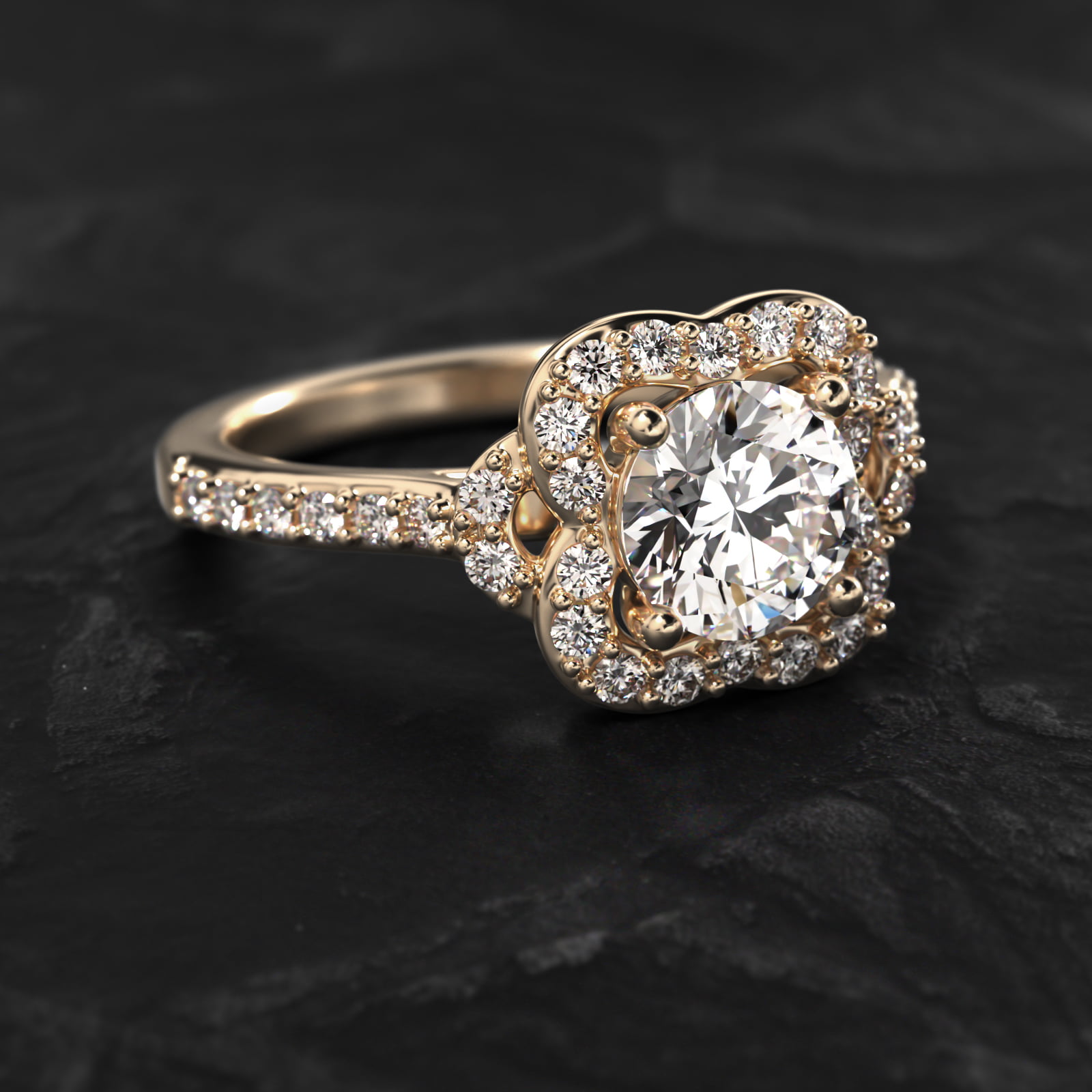 Pavé Clover Vintage-Style Engagement Ring In 14K Yellow Gold