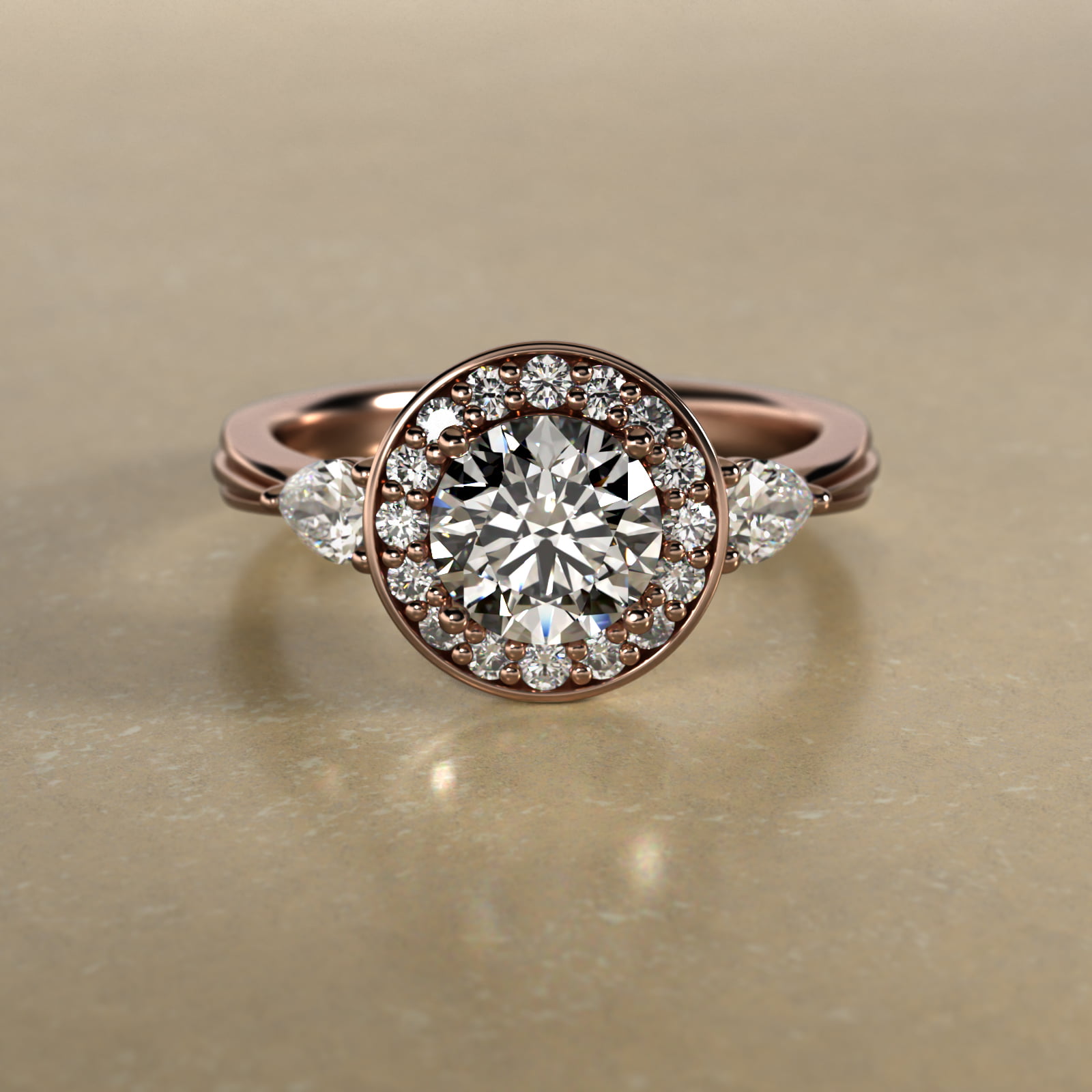 Pear Shape Side Stone Diamond Halo Engagement Ring In 14K Rose Gold