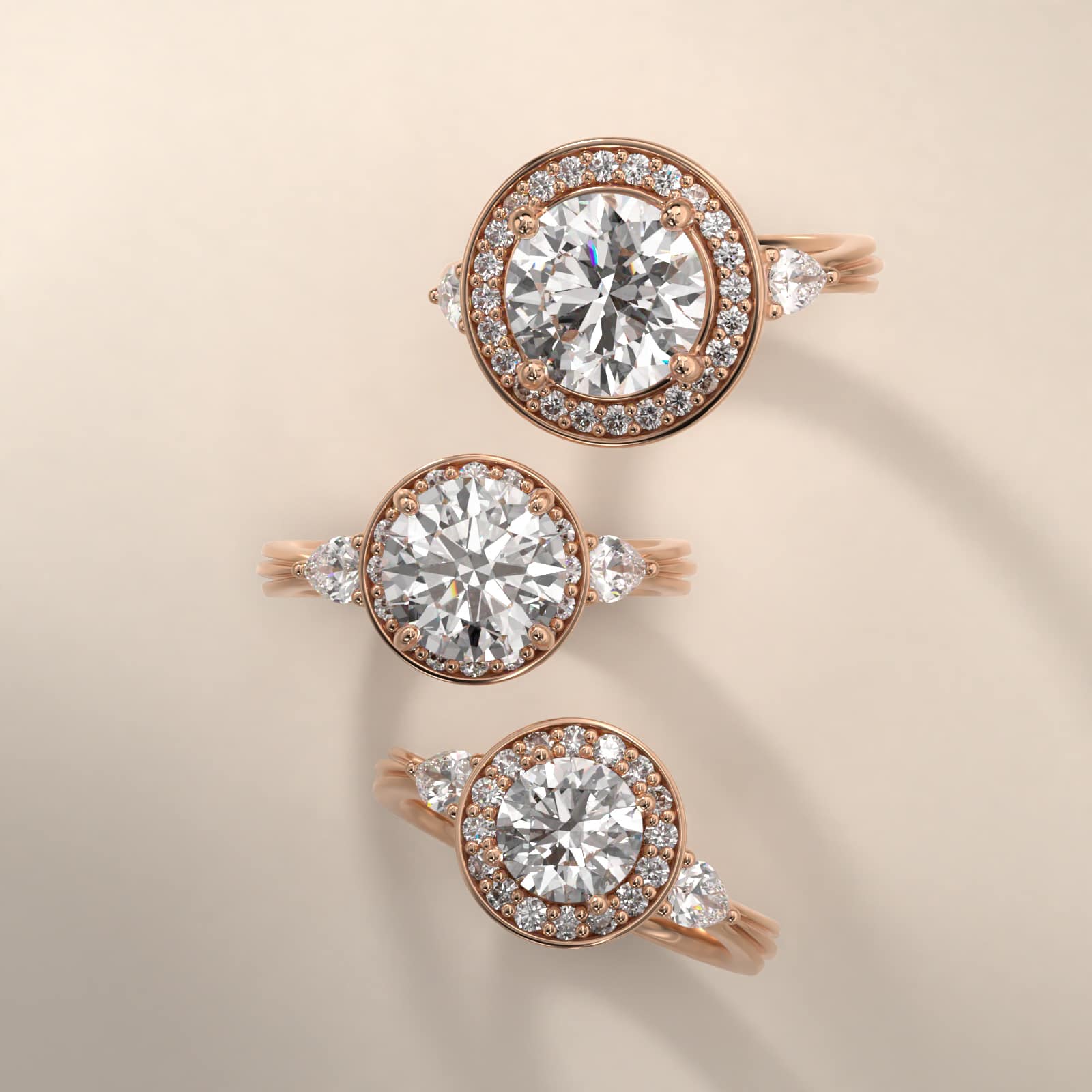 Pear Shape Side Stone Diamond Halo Engagement Ring In 14K Rose Gold