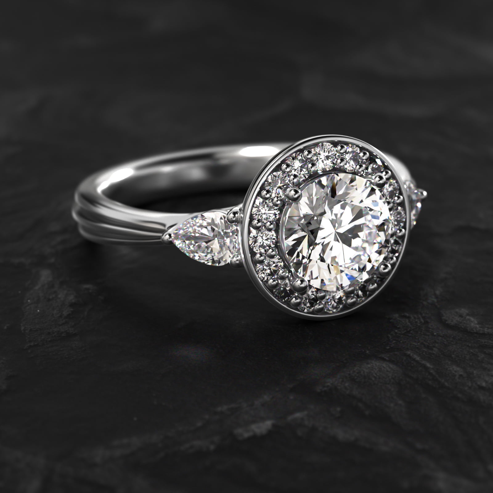 Pear Shape Side Stone Diamond Halo Engagement Ring In 14K White Gold