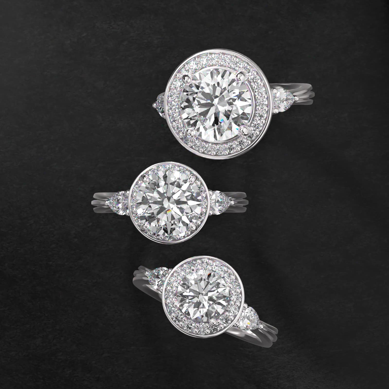 Pear Shape Side Stone Diamond Halo Engagement Ring In 14K White Gold