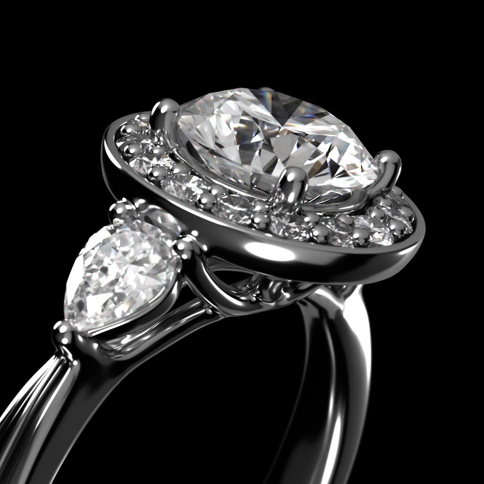 Pear Shape Side Stone Diamond Halo Engagement Ring In Platinum