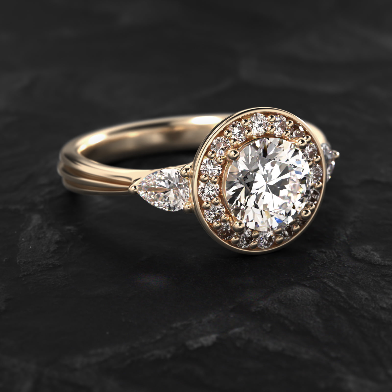 Pear Shape Side Stone Diamond Halo Engagement Ring In 14K Yellow Gold