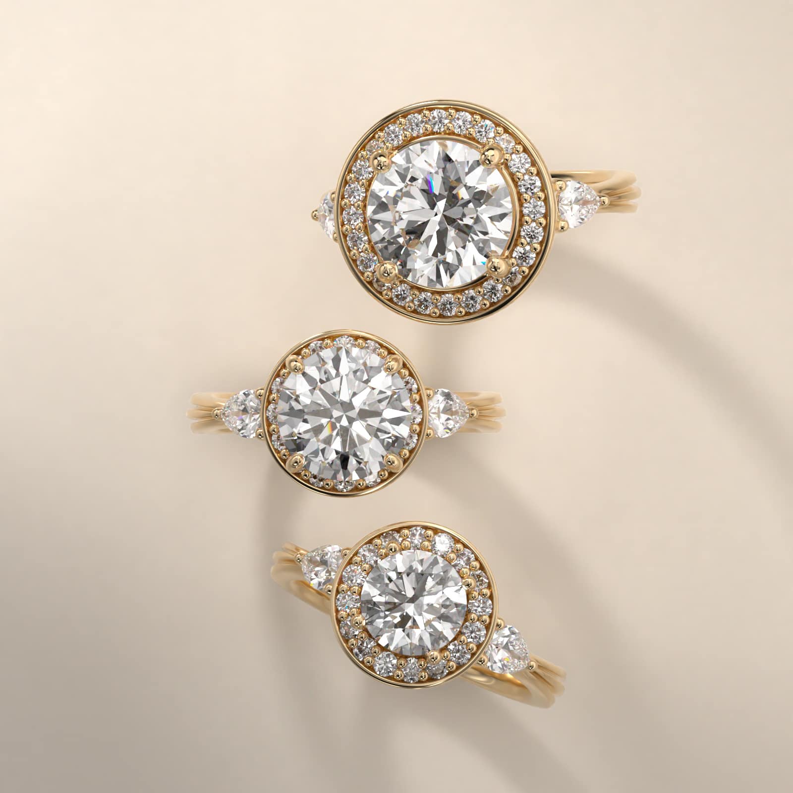 Pear Shape Side Stone Diamond Halo Engagement Ring In 14K Yellow Gold