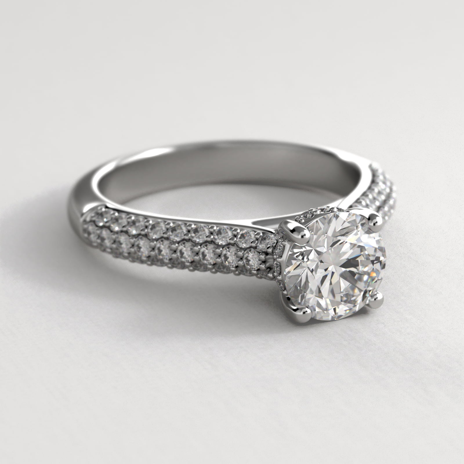 Triple Row Pavé Cathedral Diamond Engagement Ring In 14K White Gold