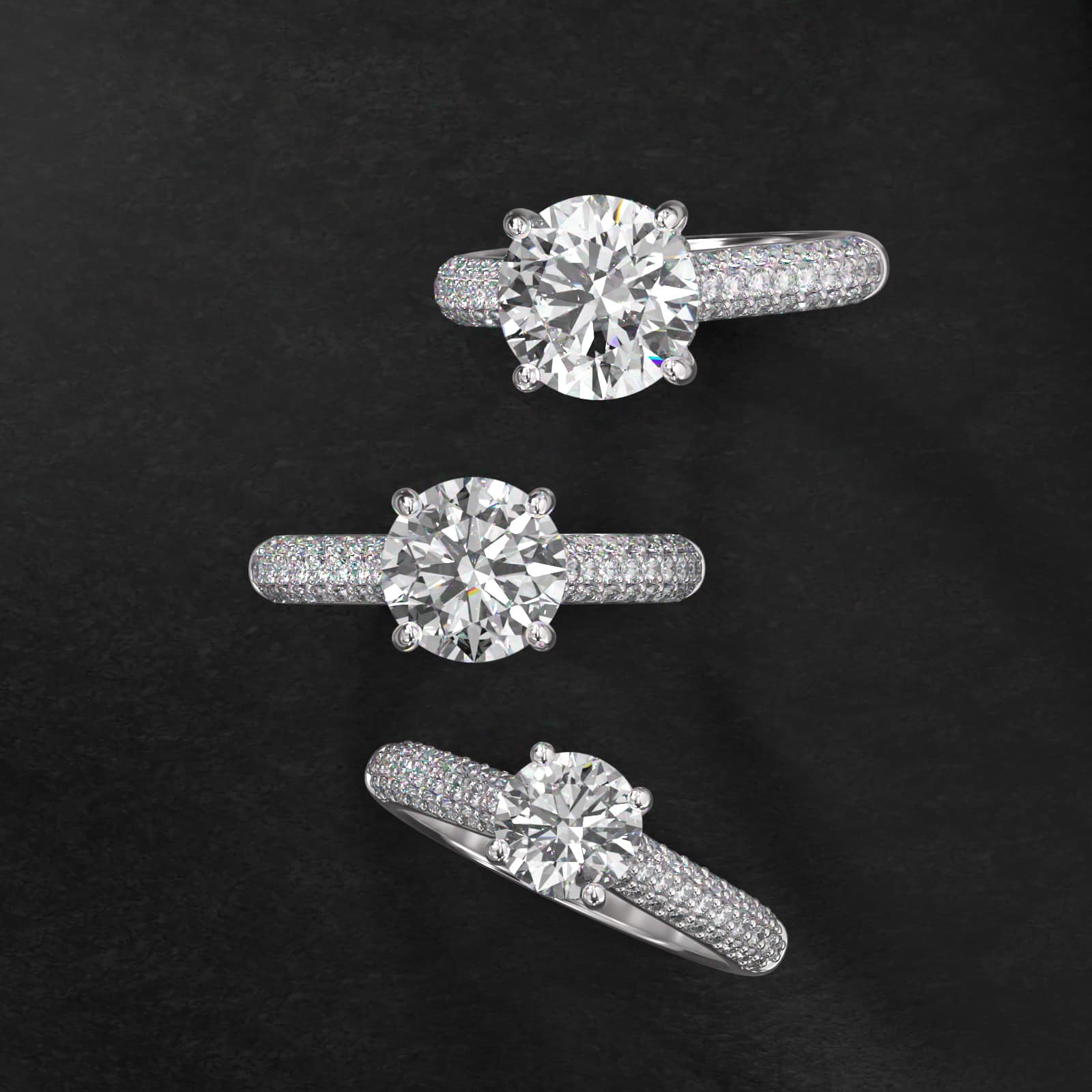 Triple Row Pavé Cathedral Diamond Engagement Ring In 14K White Gold