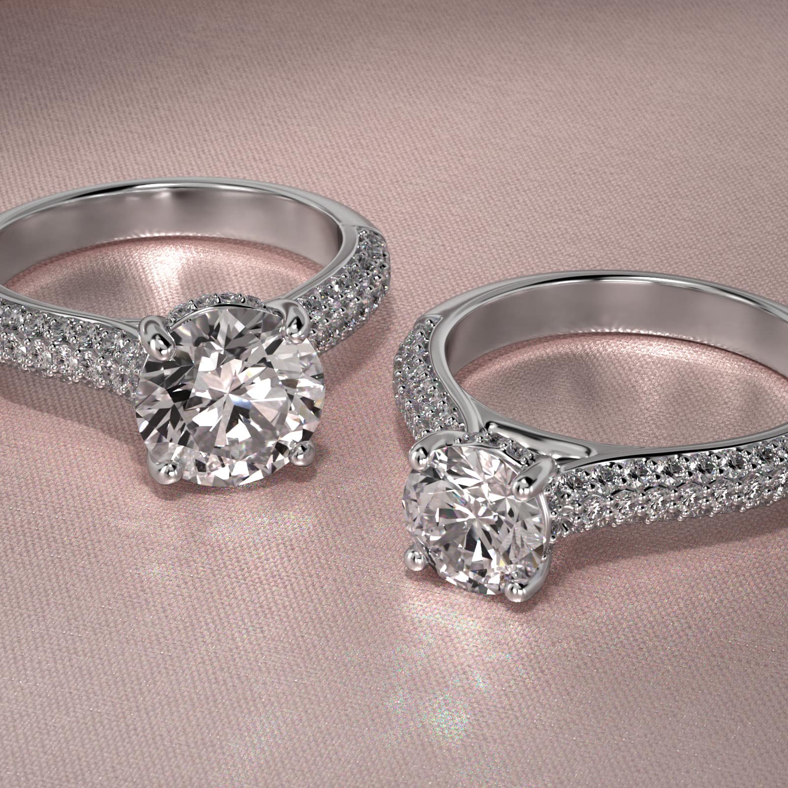 Triple Row Pavé Cathedral Diamond Engagement Ring In 18K White Gold