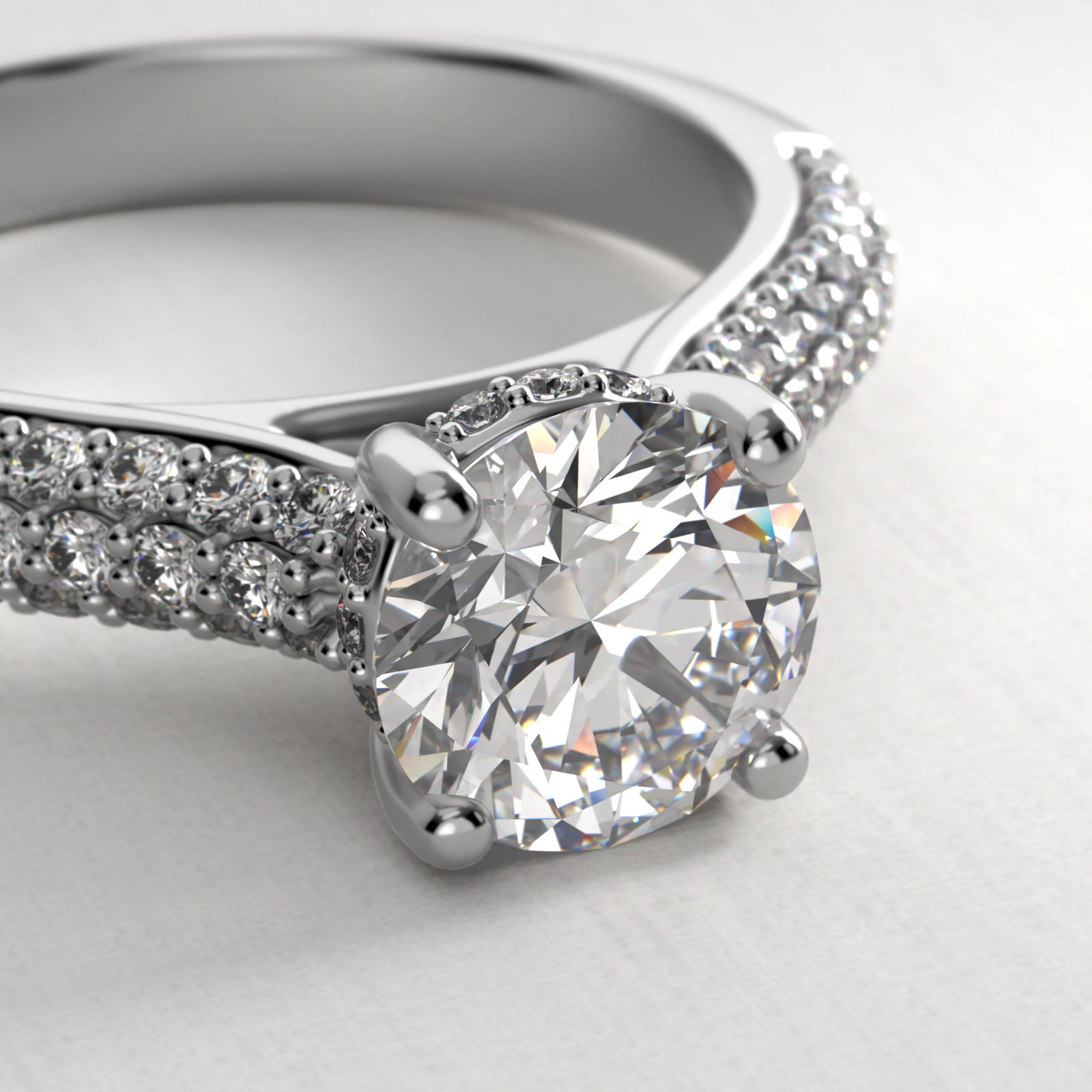 Triple Row Pavé Cathedral Diamond Engagement Ring In 14K White Gold