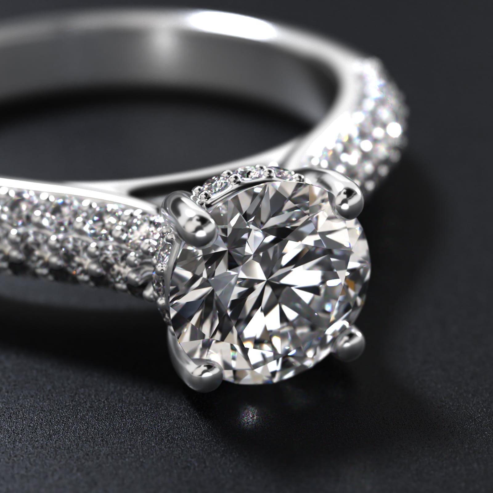 Triple Row Pavé Cathedral Diamond Engagement Ring In 18K White Gold