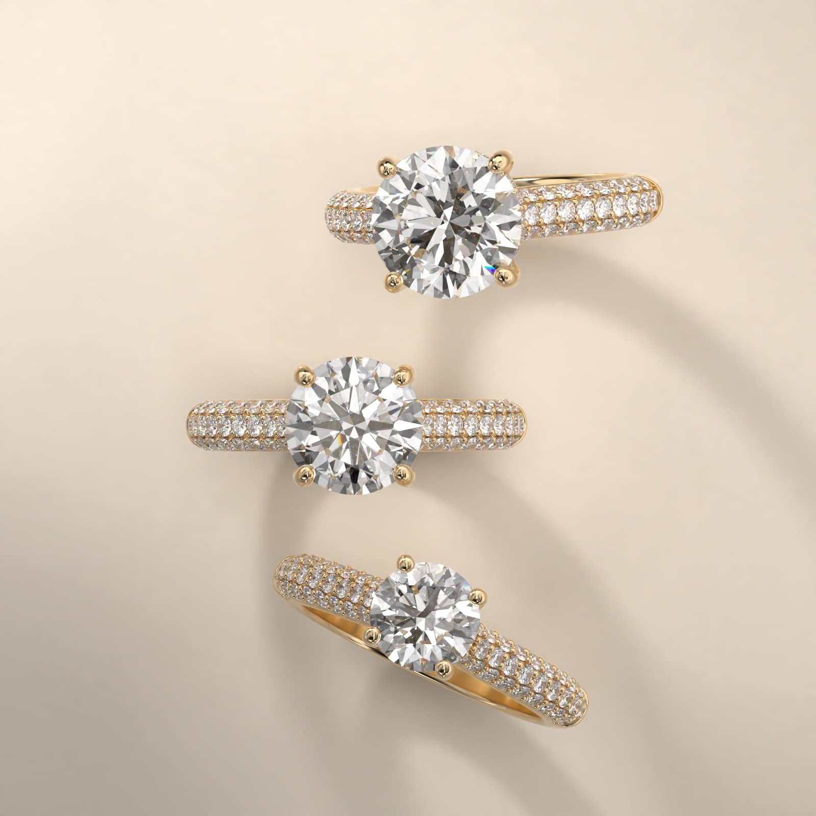 Triple Row Pavé Cathedral Diamond Engagement Ring In 18K Yellow Gold