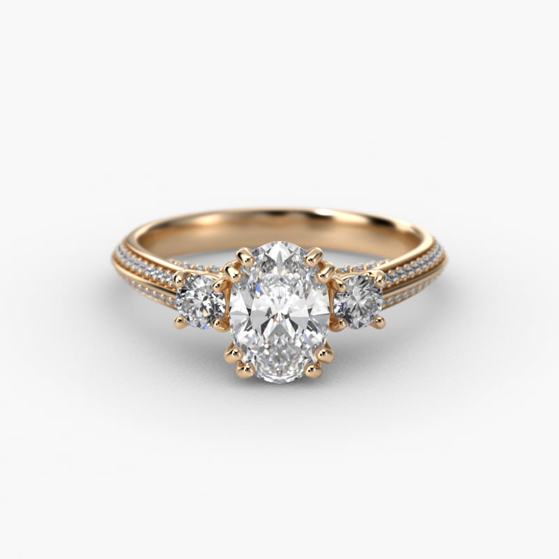 Pavé Knife Edge Diamond Three Stone Engagement Ring In 14K Yellow Gold