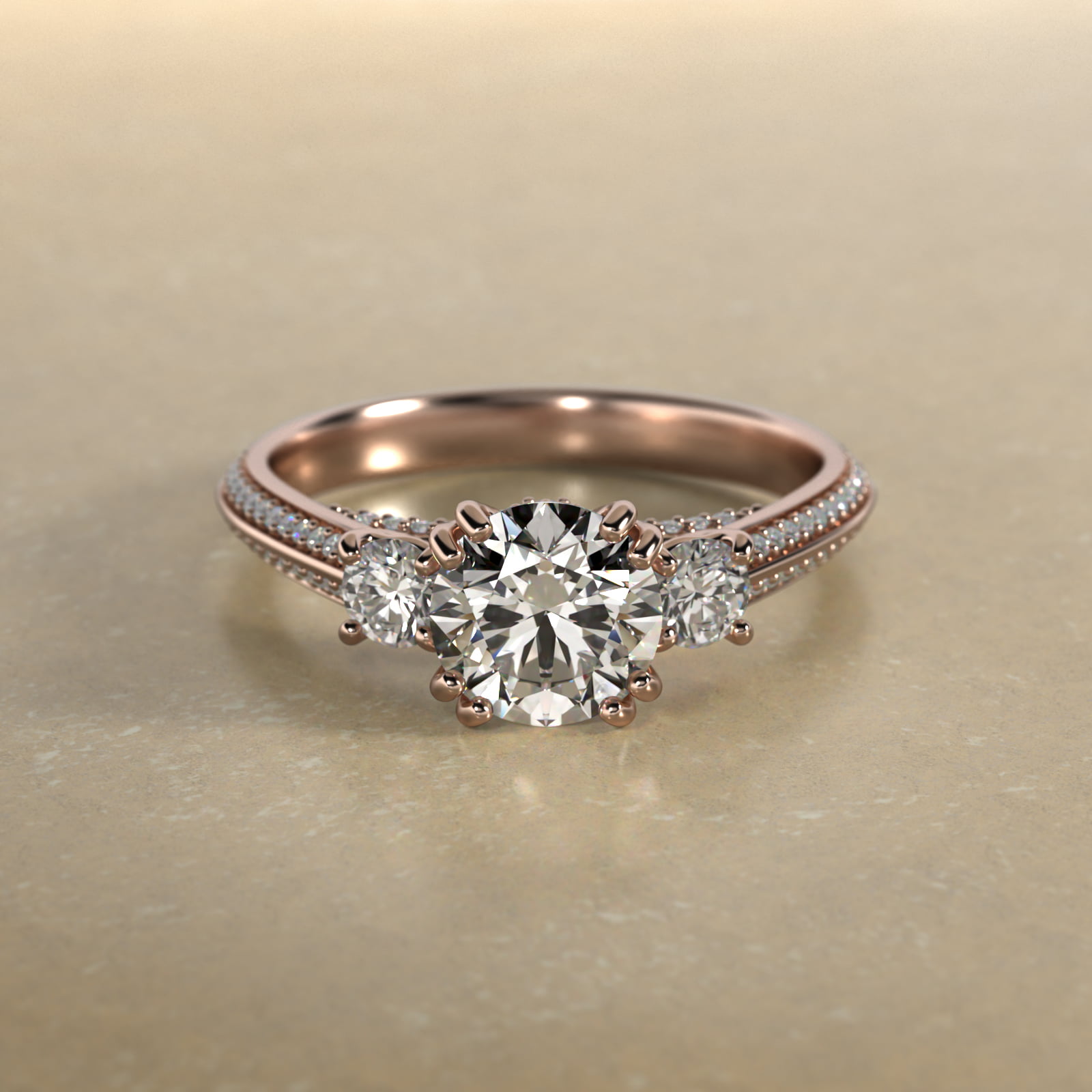 Pavé Knife Edge Diamond Three Stone Engagement Ring In 14K Rose Gold