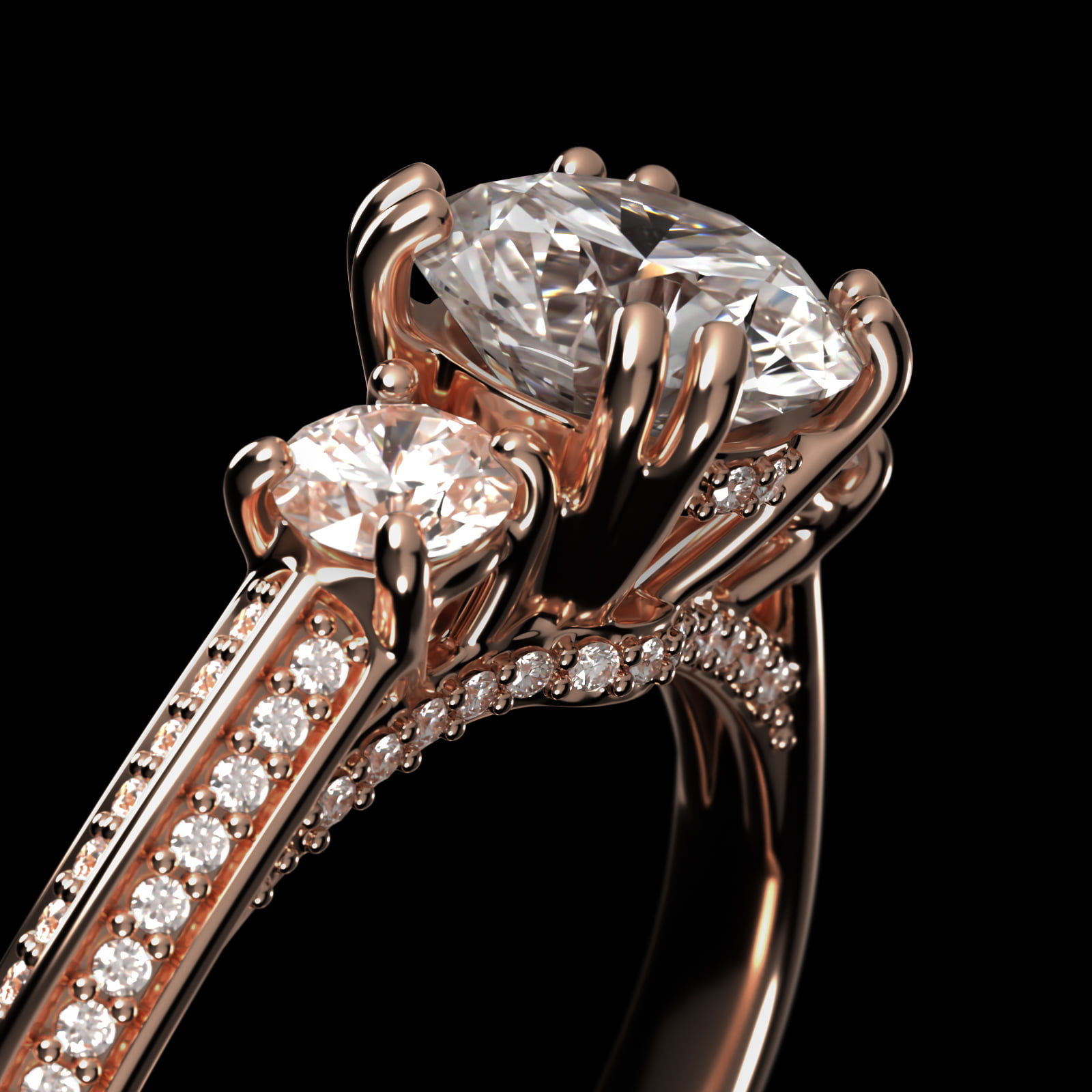 Pavé Knife Edge Diamond Three Stone Engagement Ring In 14K Rose Gold