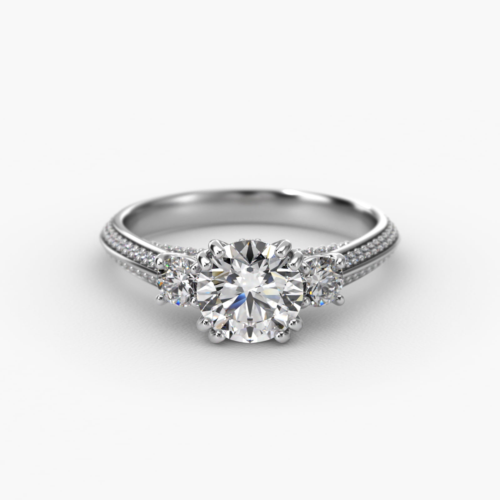 Pavé Knife Edge Diamond Three Stone Engagement Ring In Platinum