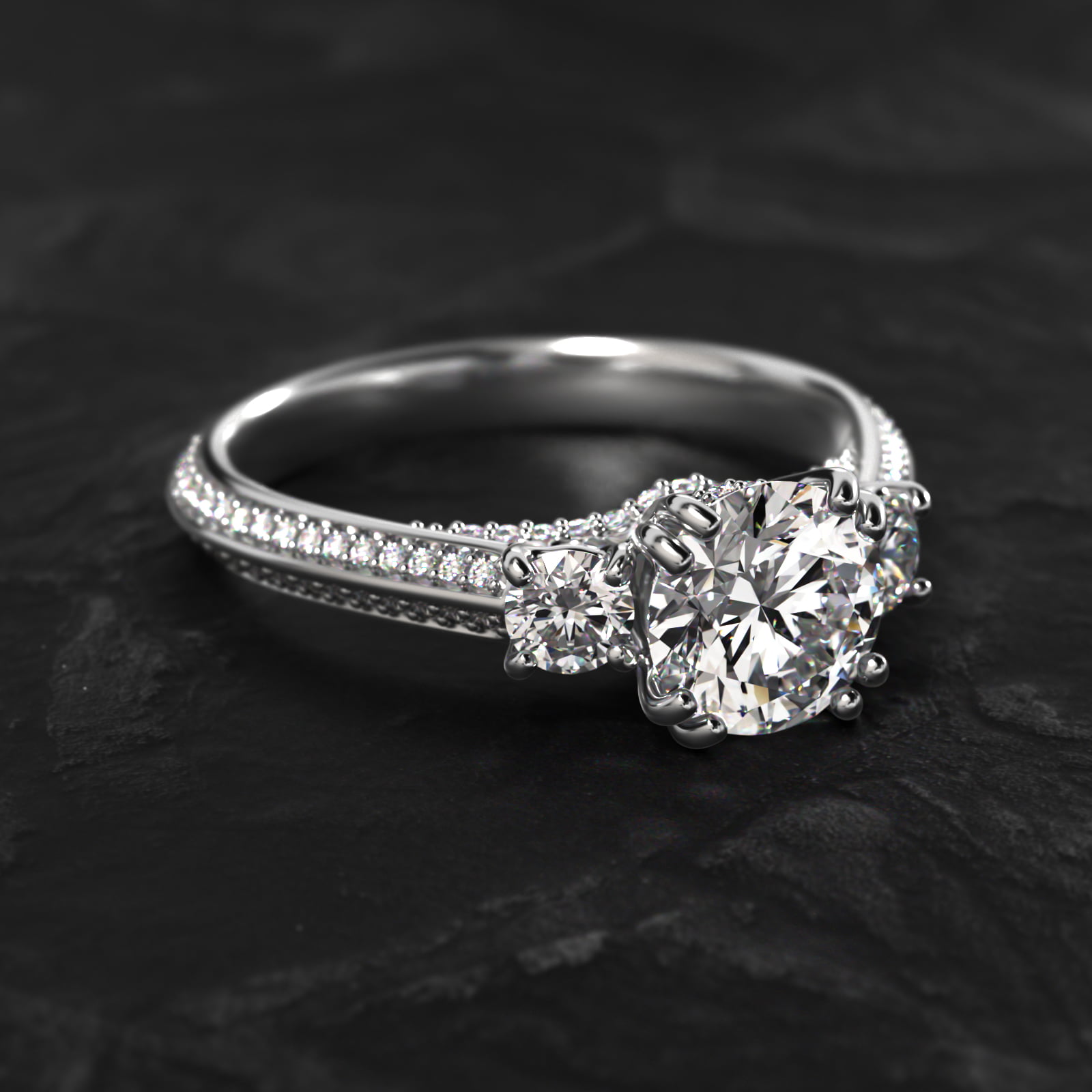 Pavé Knife Edge Diamond Three Stone Engagement Ring In 18K White Gold