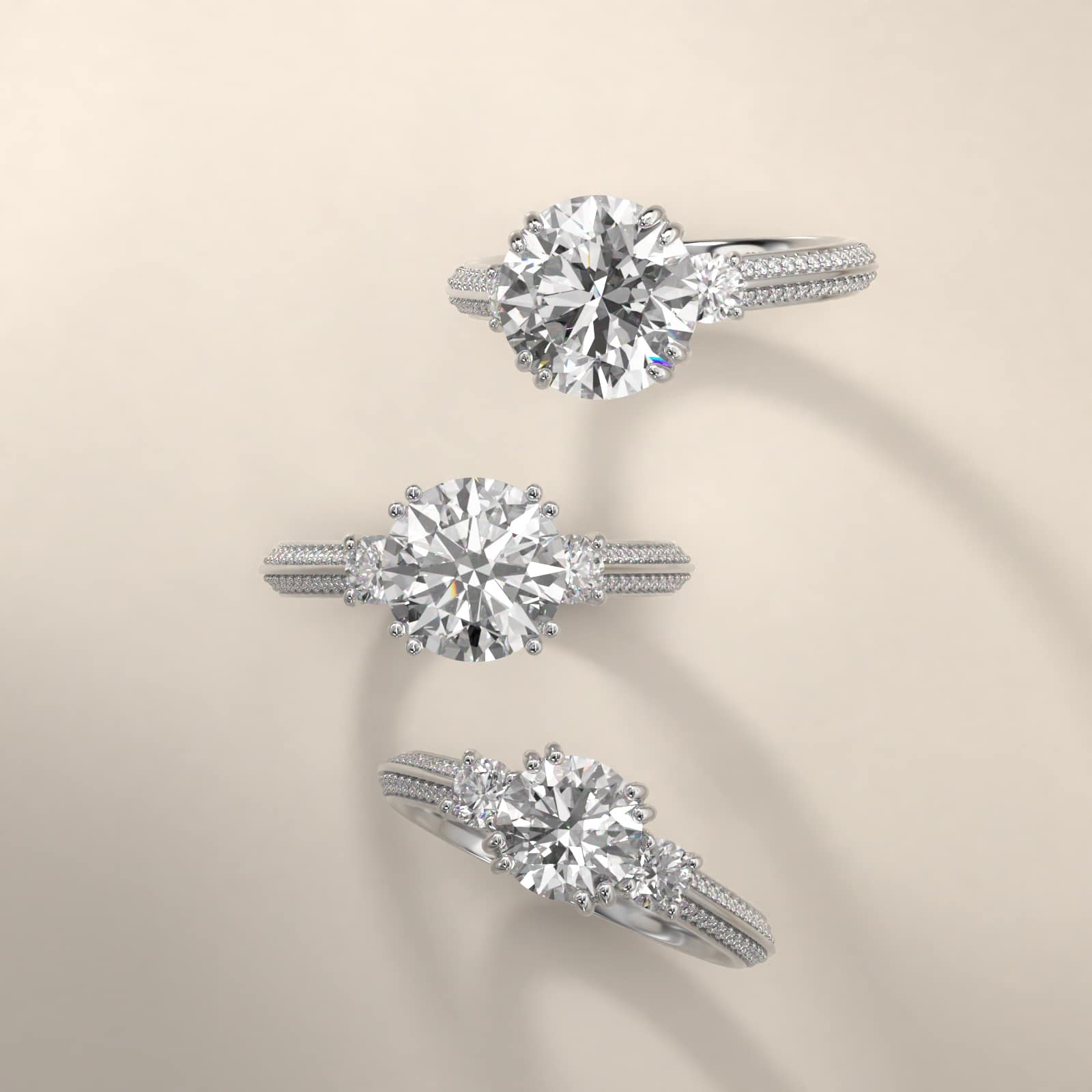 Pavé Knife Edge Diamond Three Stone Engagement Ring In 18K White Gold