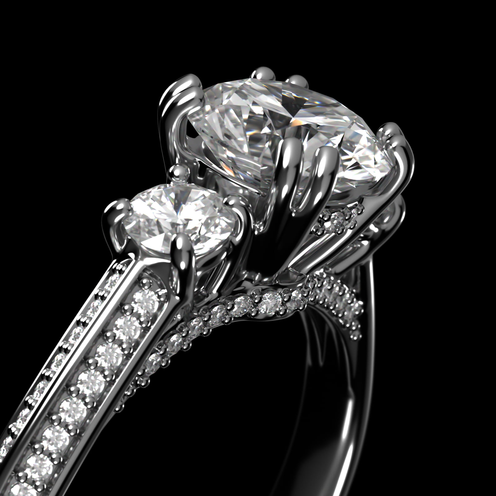 Pavé Knife Edge Diamond Three Stone Engagement Ring In 18K White Gold