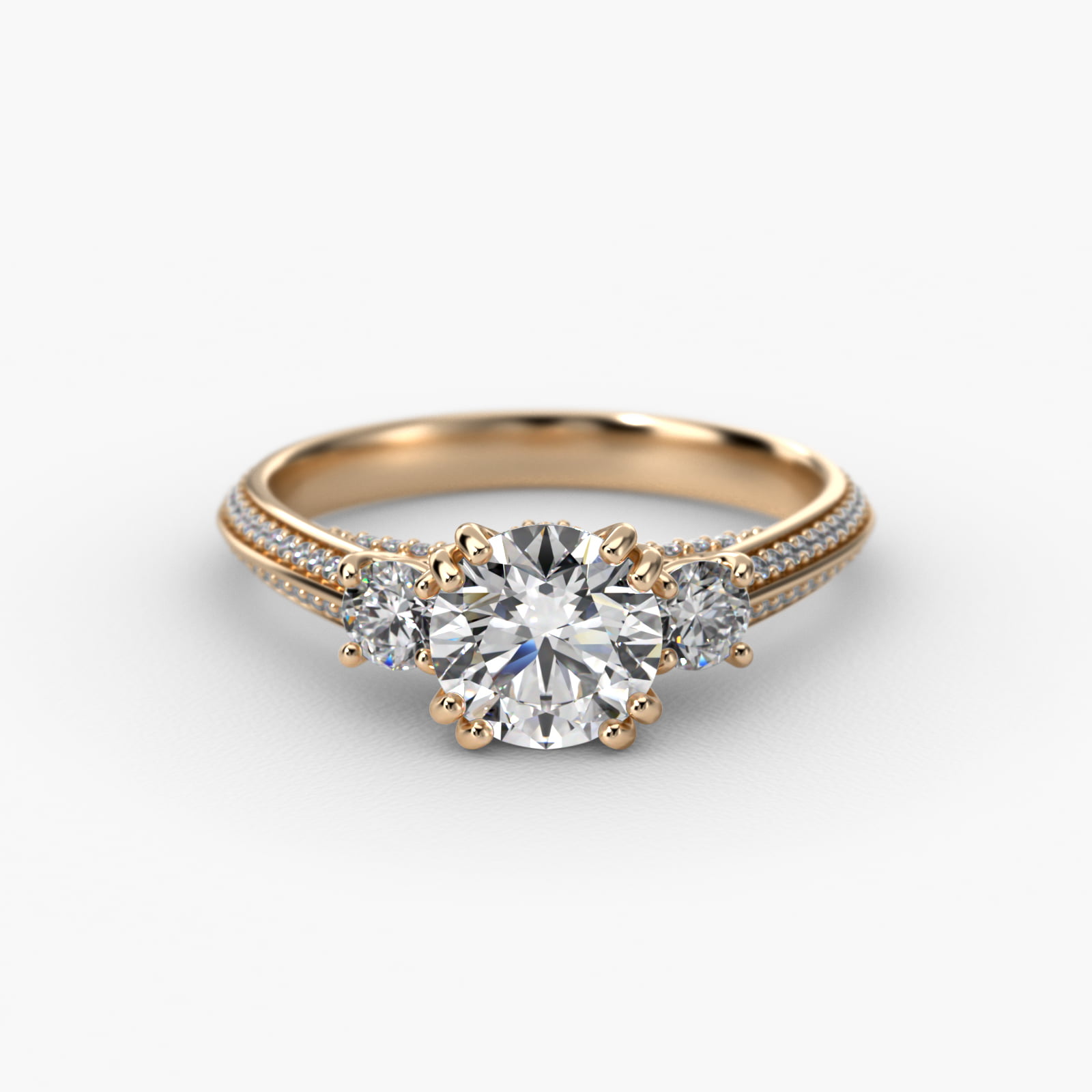 Pavé Knife Edge Diamond Three Stone Engagement Ring In 14K Yellow Gold