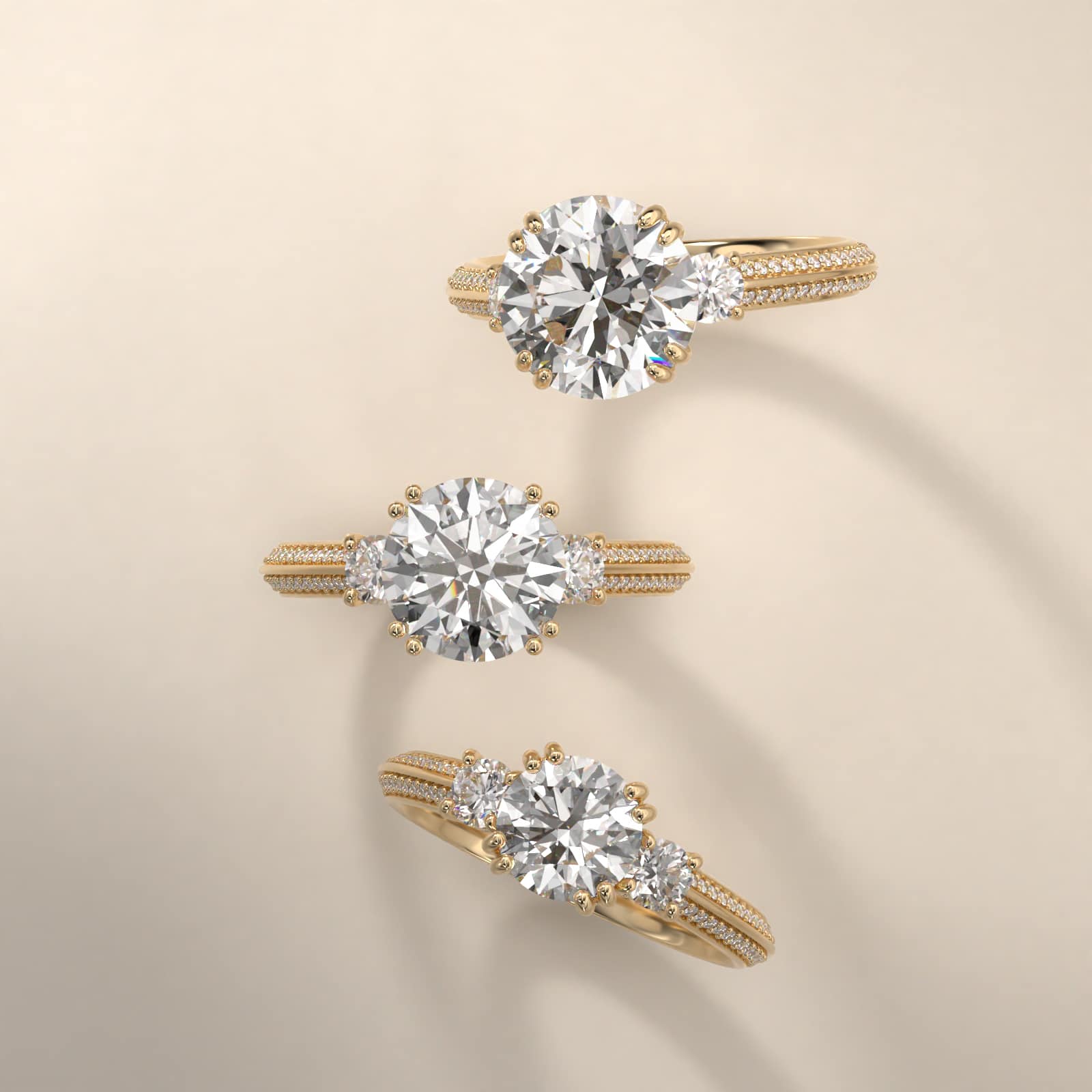 Pavé Knife Edge Diamond Three Stone Engagement Ring In 14K Yellow Gold